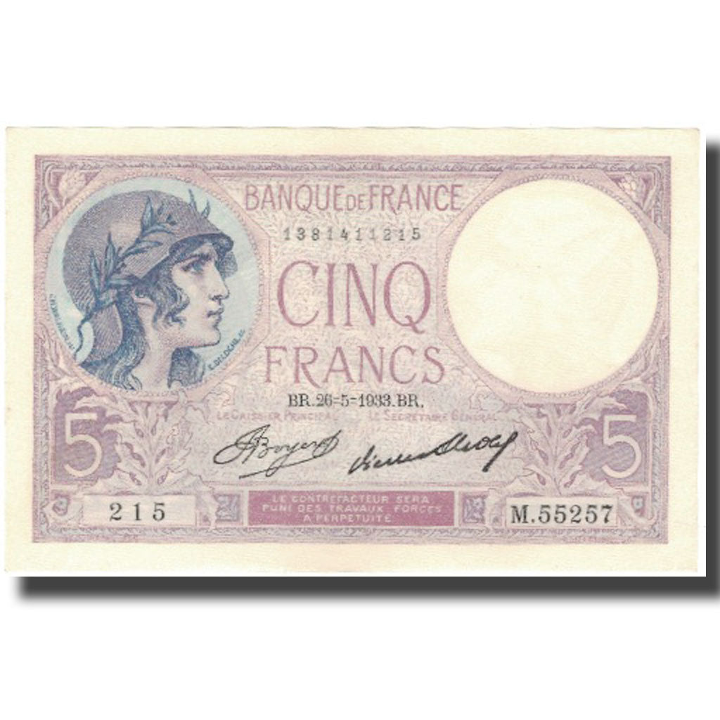 França, 5 Francs, Violet, 1933, 1933-05-26, UNC(64), Fayette:3.17, KM:72e