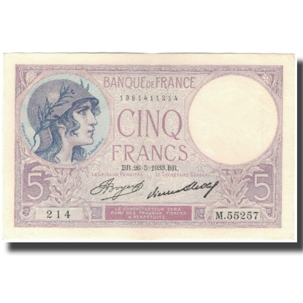 France, 5 Francs, Violet, 1933, 1933-05-26, SPL, Fayette:3.17, KM:72e