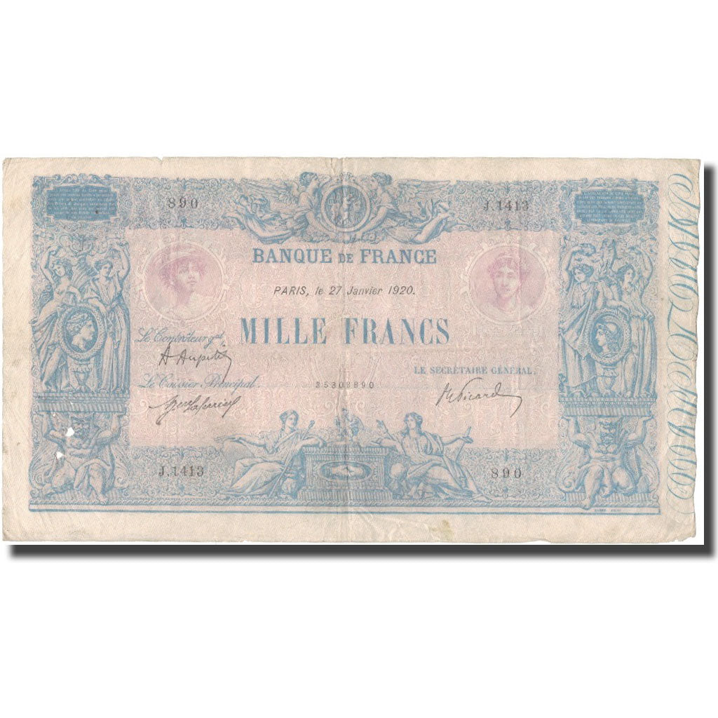 Francia, 1000 Francs, Bleu et Rose, 1920, 1920-01-27, MB, Fayette:36.35, KM:67h