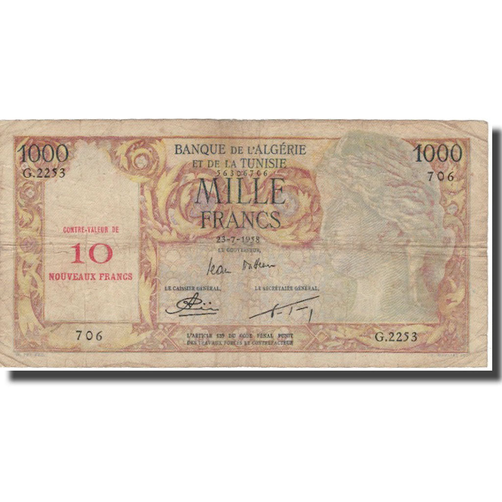 Banknote, Algeria, 10 NF on 1000 Francs, 1958, 1958-07-23, KM:112, VF(20-25)