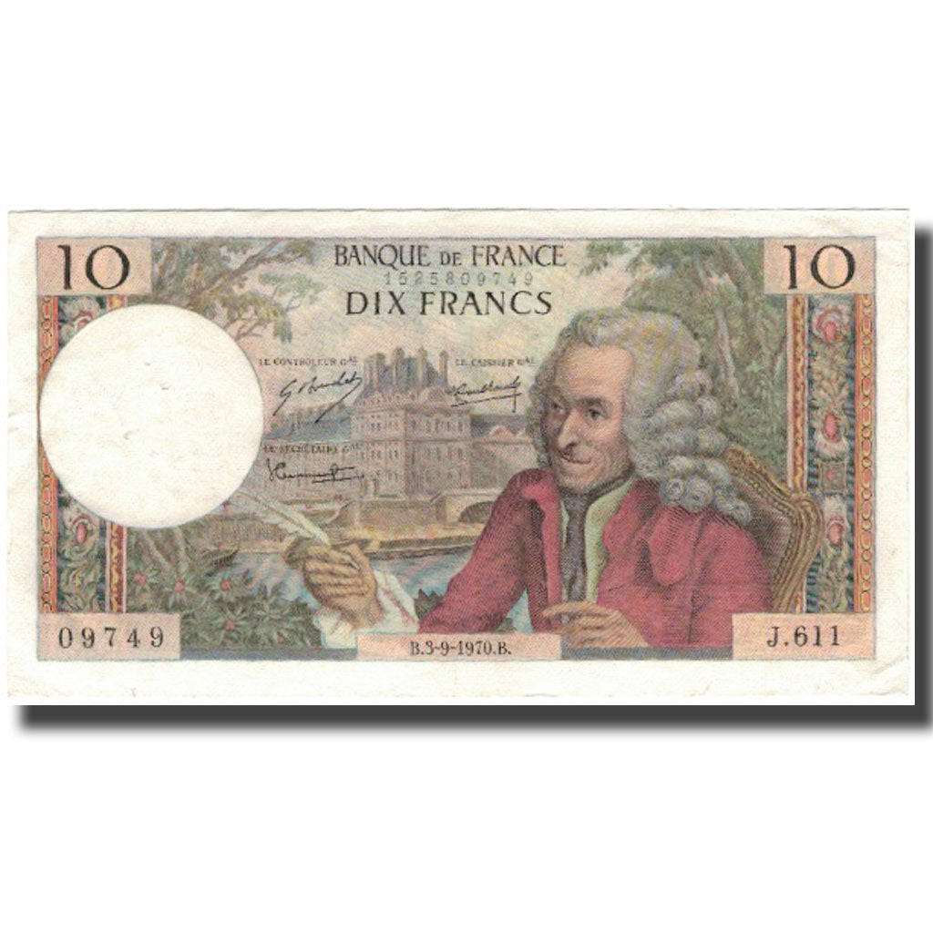 France, 10 Francs, Voltaire, 1970, 1970-09-03, AU(55-58), Fayette:62.46, KM:147c