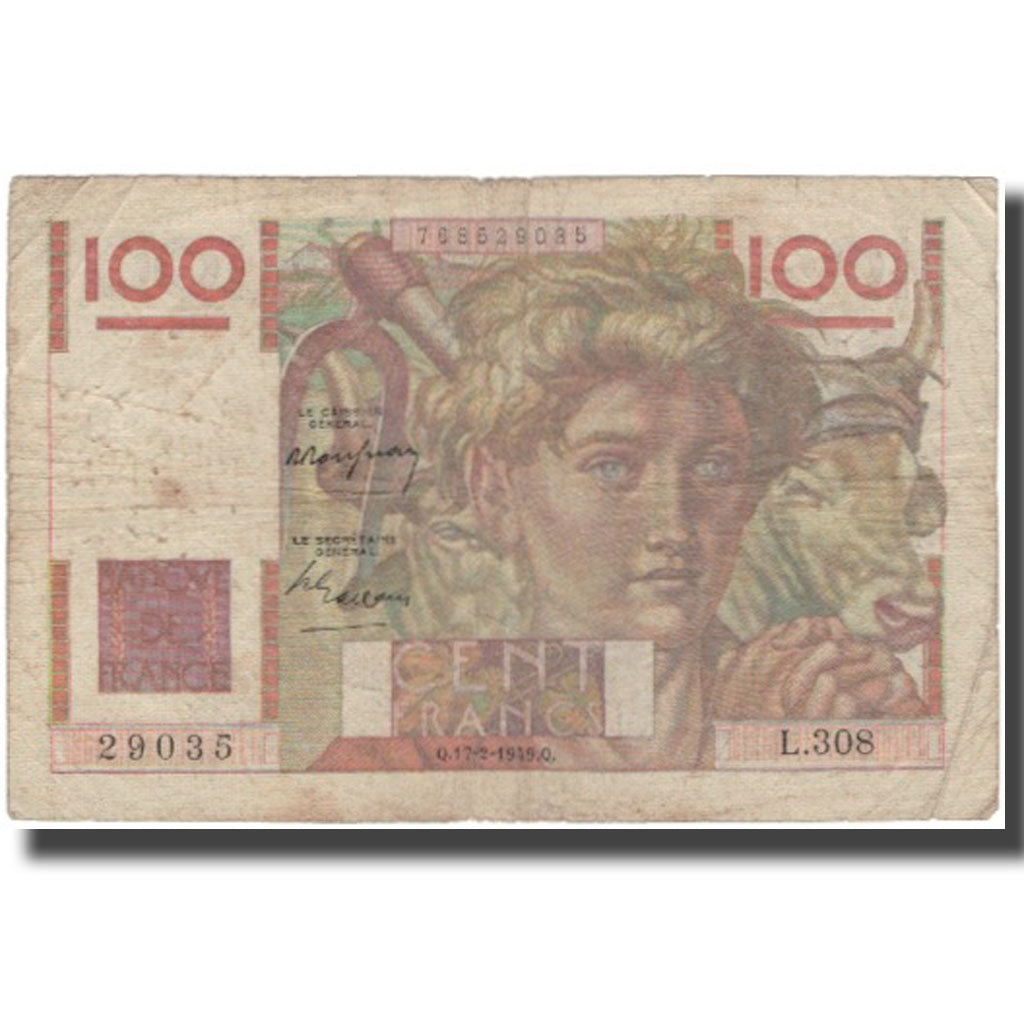 France, 100 Francs, Jeune Paysan, 1949, 1949-02-17, VF(20-25), Fayette:28.22