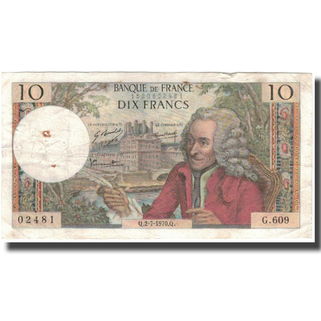 France, 10 Francs, Voltaire, 1970, 1970-07-02, VF(30-35), Fayette:62.45, KM:147c