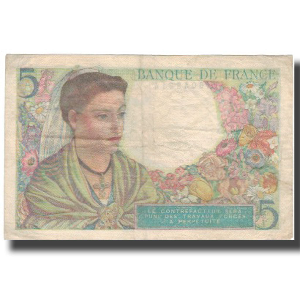 France, 5 Francs, Berger, 1943, 1943-08-05, TB+, Fayette:05.03, KM:98a