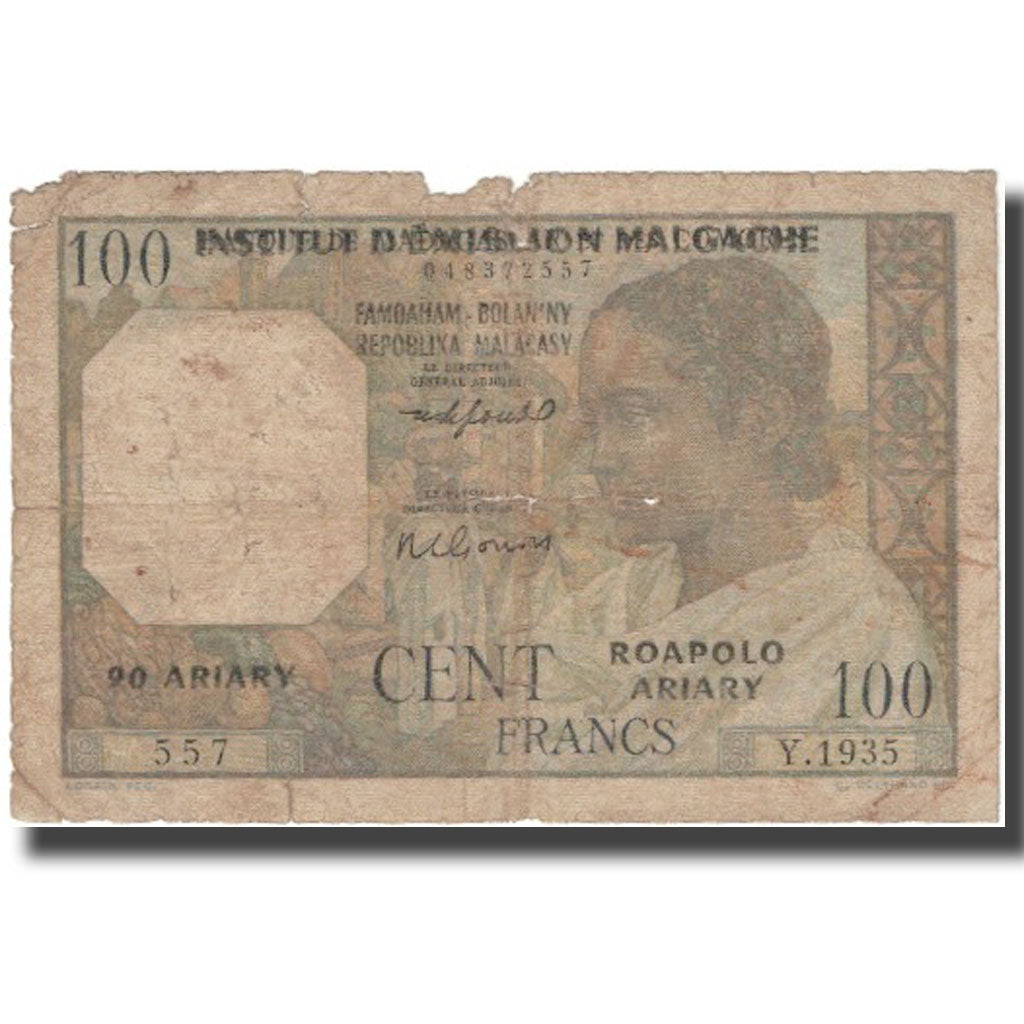 Banknote, Madagascar, 100 Francs =  20 Ariary, Non daté 1961, KM:52, VG(8-10)