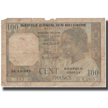 Banknote, Madagascar, 100 Francs =  20 Ariary, Non daté 1961, KM:52, VG(8-10)