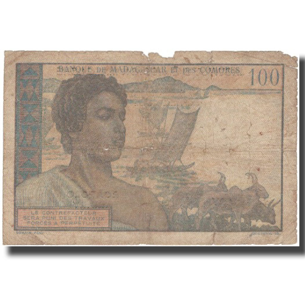 Banknote, Madagascar, 100 Francs =  20 Ariary, Non daté 1961, KM:52, VG(8-10)