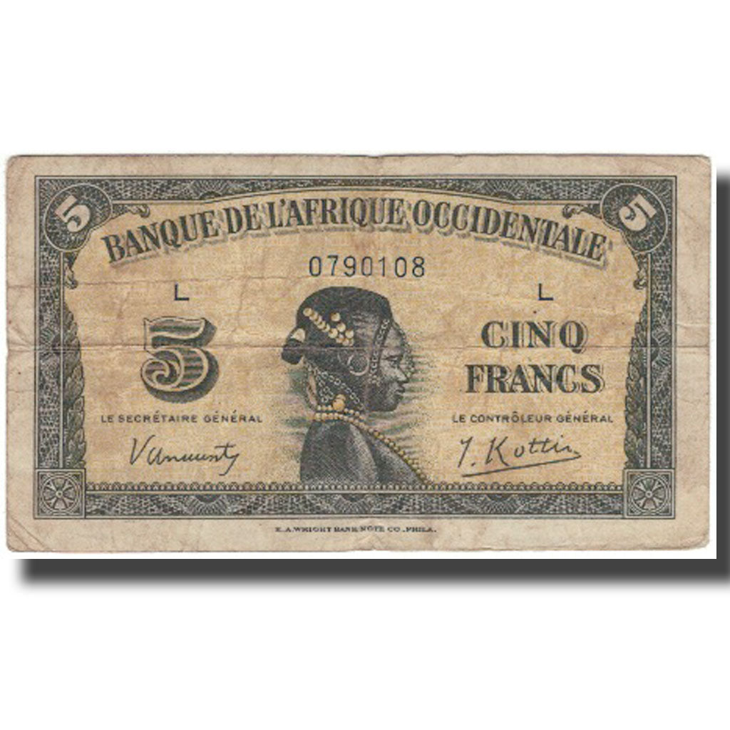 Banknot, Francuska Afryka Zachodnia, 5 Francs, 1942, 1942-12-14, KM:28a