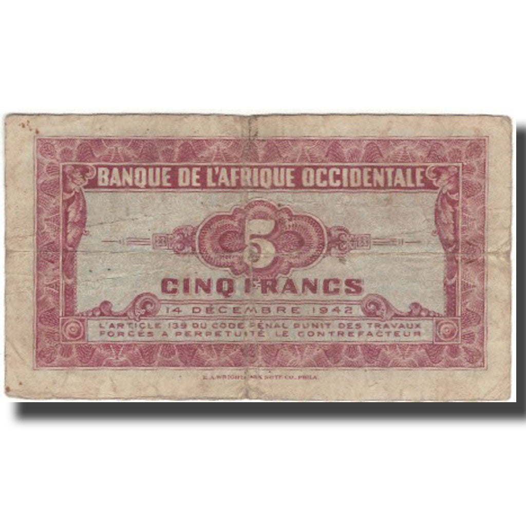 Banknot, Francuska Afryka Zachodnia, 5 Francs, 1942, 1942-12-14, KM:28a