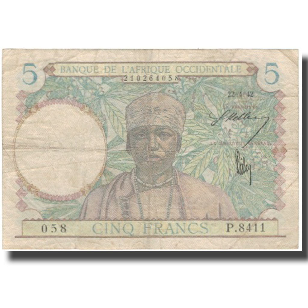 Banknote, French West Africa, 5 Francs, 1942, 1942-02-24, KM:25, VF(20-25)