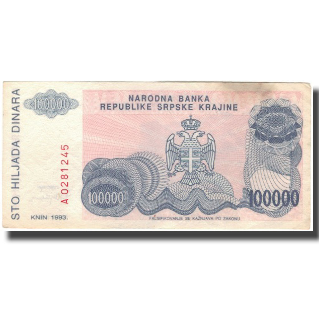 Billet, Croatie, 100,000 Dinara, 1993, KM:R22a, TB+