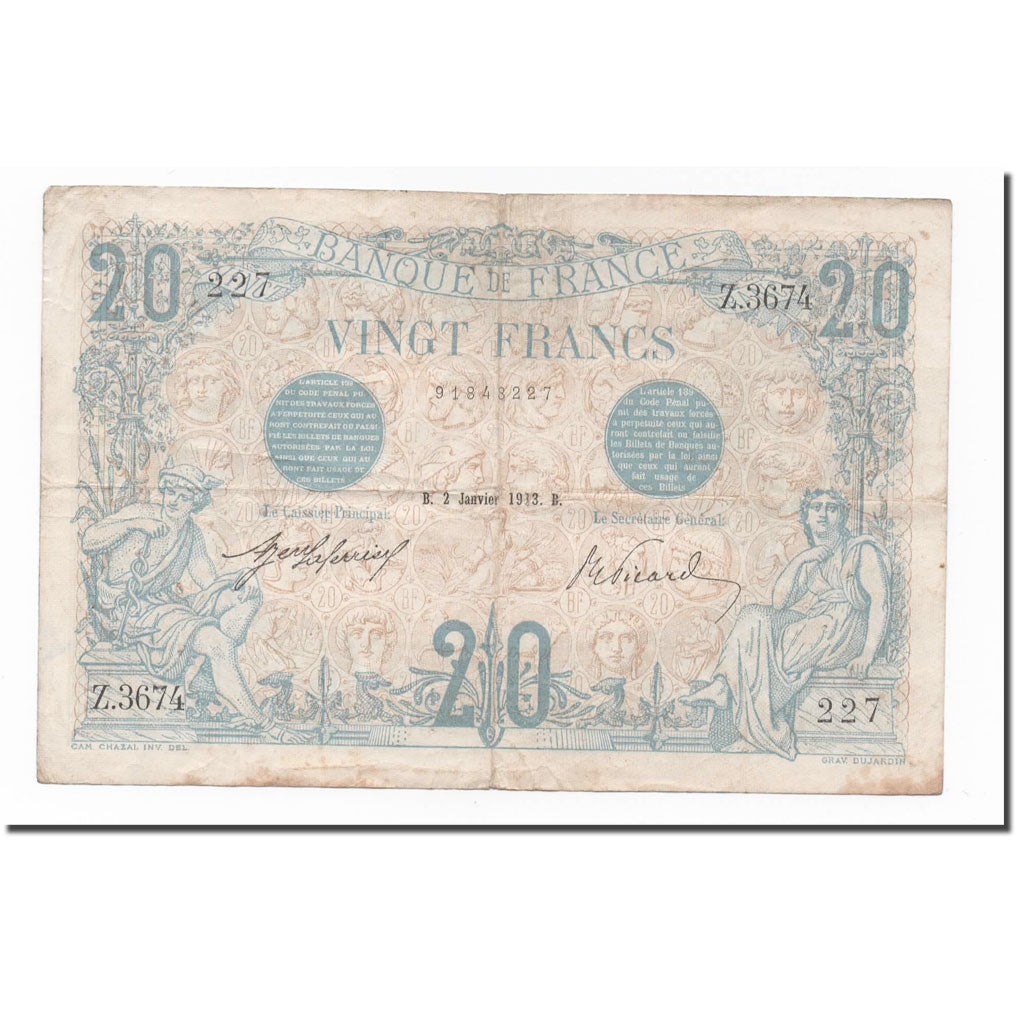 France, 20 Francs, Bleu, 1913, 1913-02-01, TB, Fayette:10.3, KM:68b