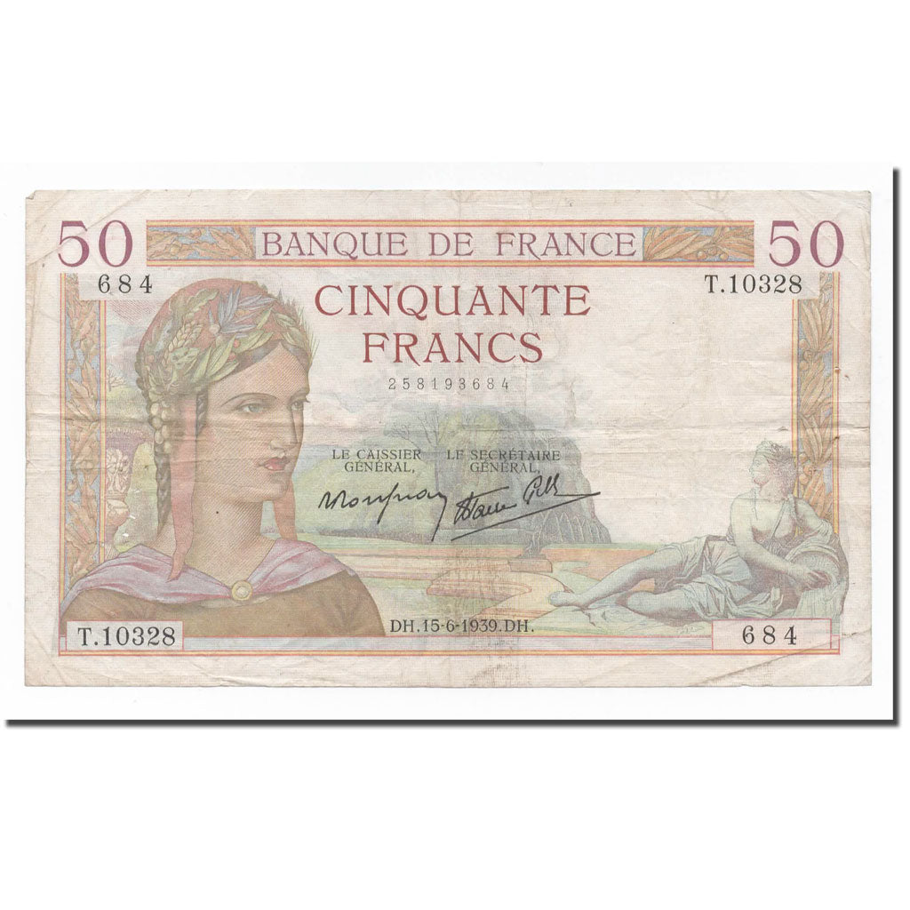 France, 50 Francs, Cérès, 1939, 1939-06-15, VF(30-35), Fayette:18.26, KM:85b