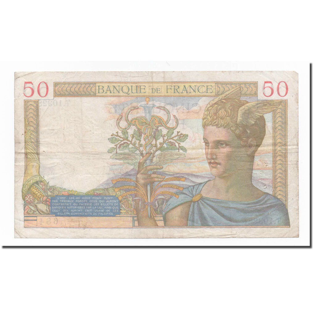 France, 50 Francs, Cérès, 1939, 1939-06-15, VF(30-35), Fayette:18.26, KM:85b