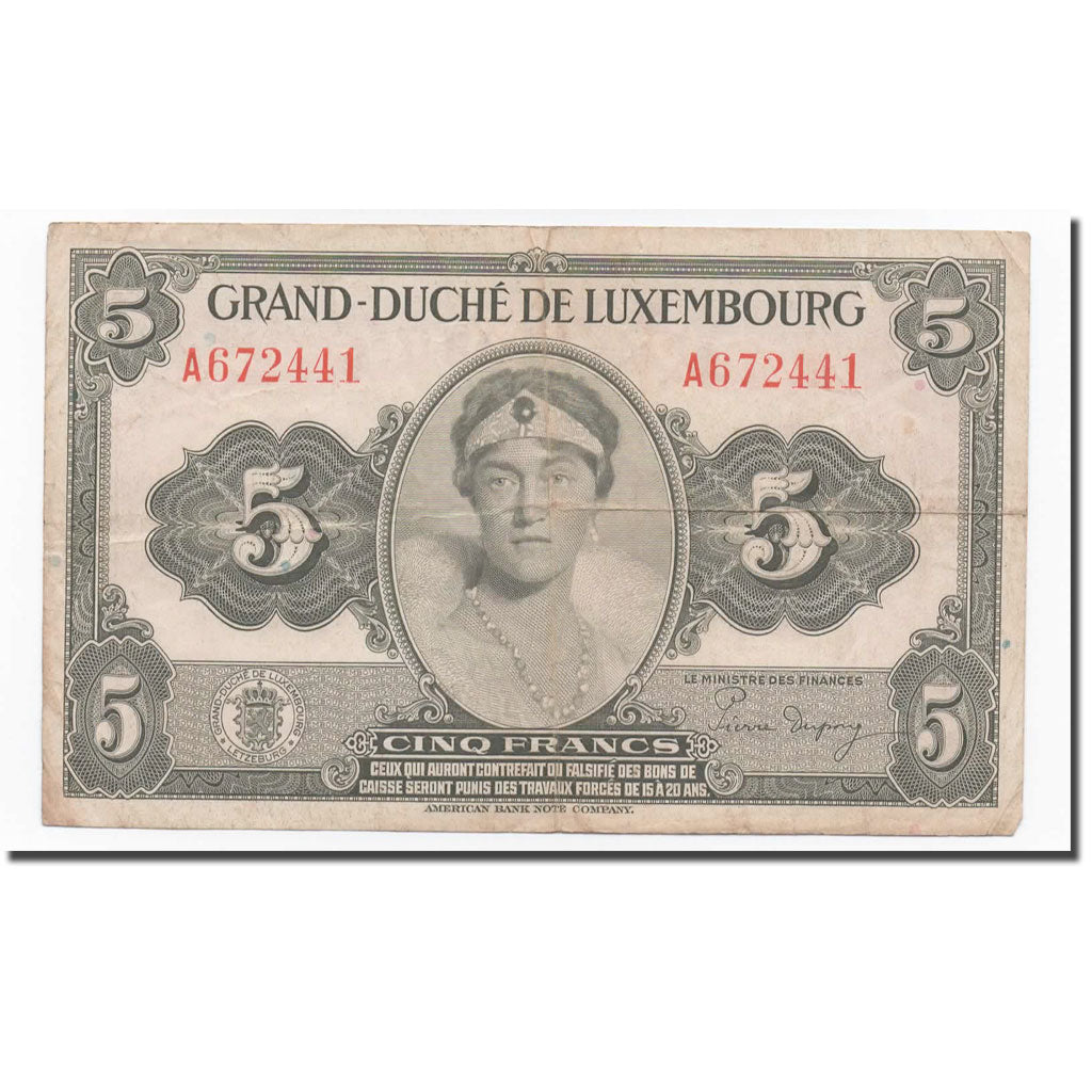 Banknote, Luxembourg, 5 Francs, Undated 1944, KM:43b, VF(30-35)