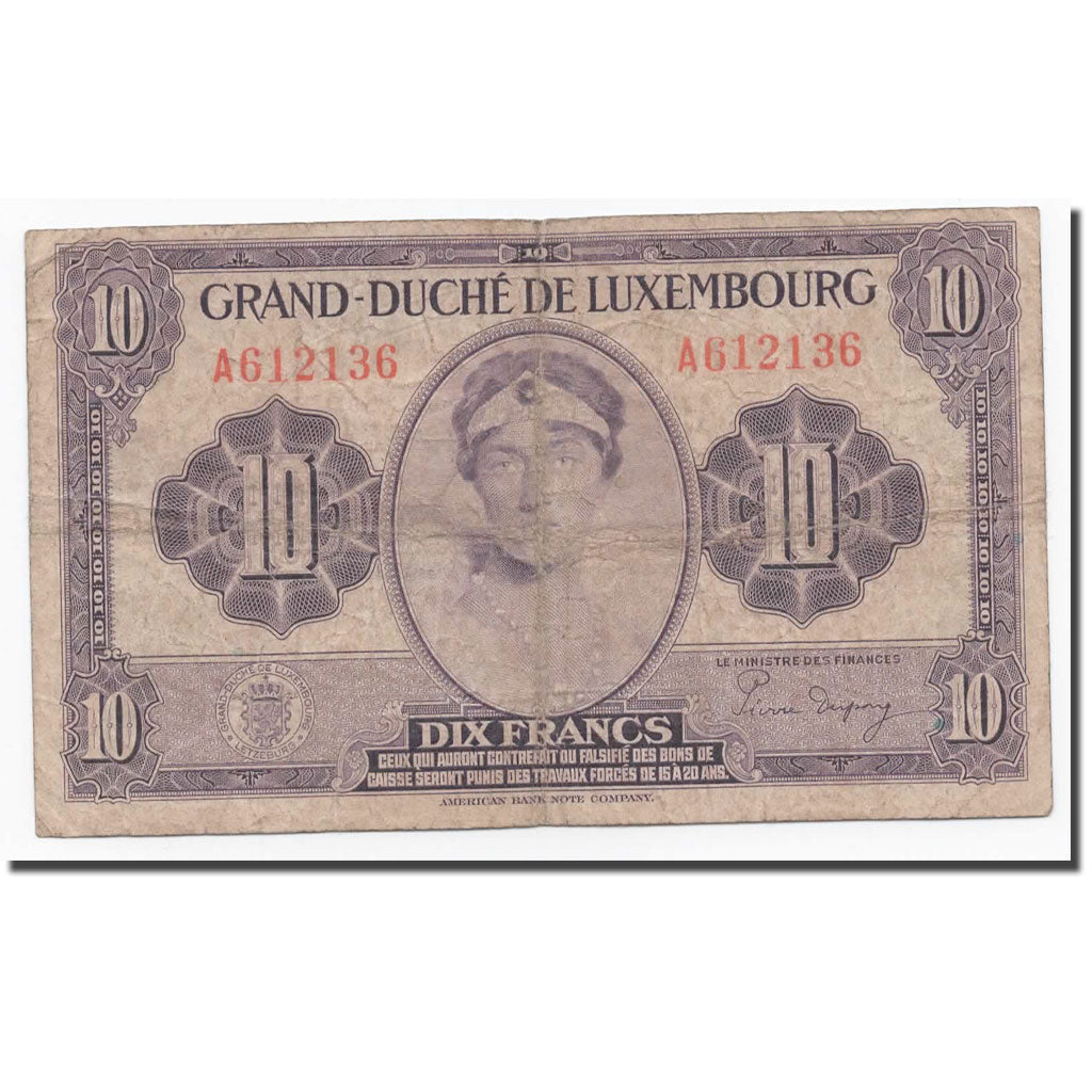 Banknote, Luxembourg, 10 Francs, Undated (1944), KM:44a, F(12-15)