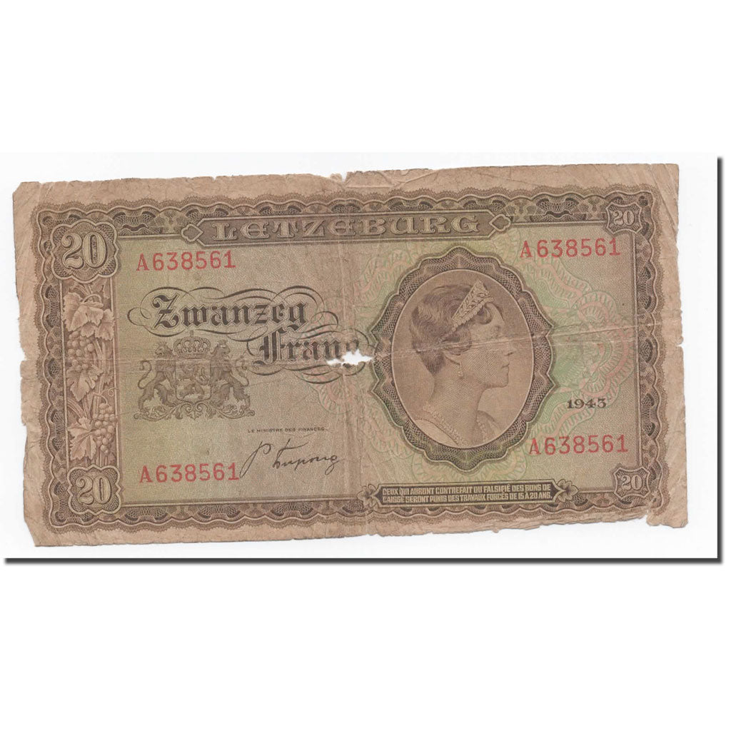 Banknote, Luxembourg, 20 Frang, 1943, KM:42a, VG(8-10)