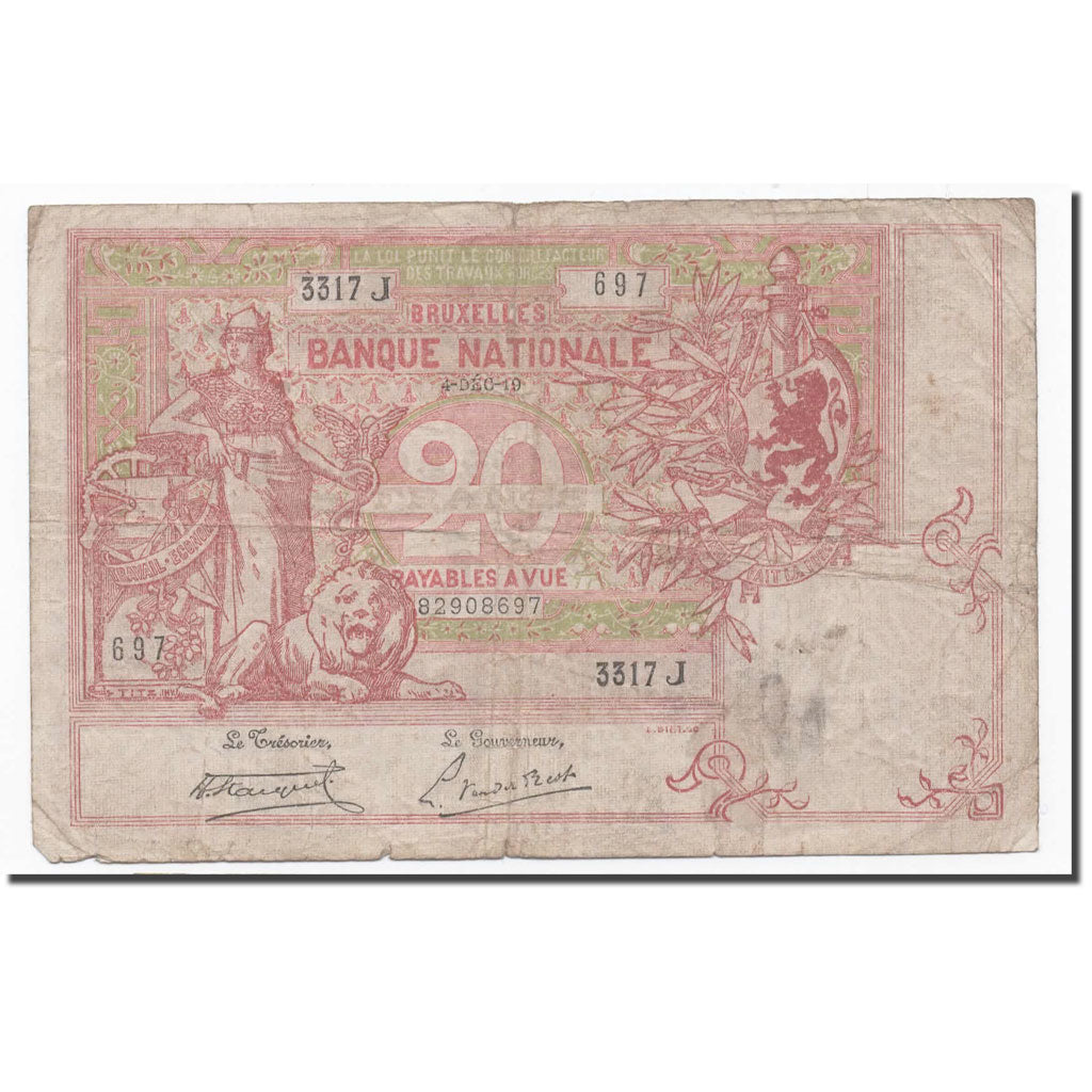 Banknote, Belgium, 20 Francs, 1919, 1914-12-04, KM:67, VF(20-25)