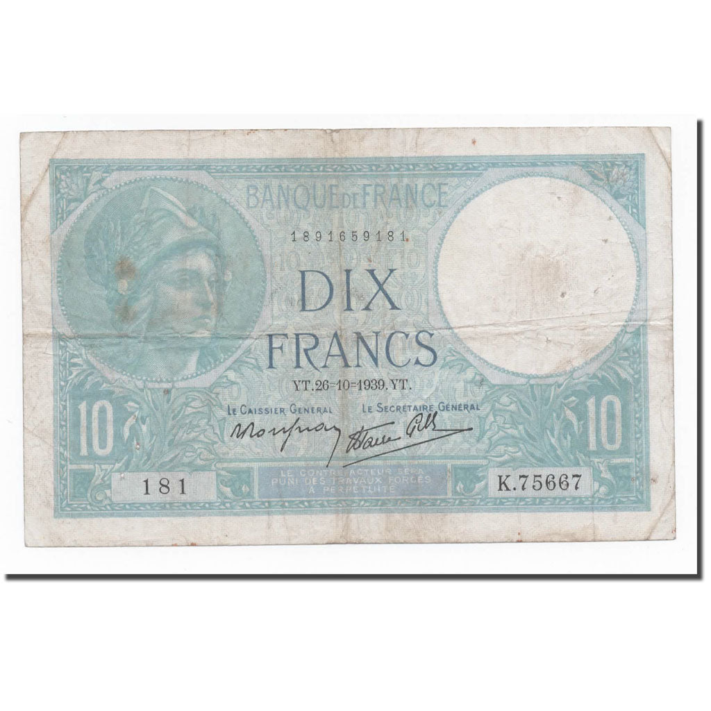 França, 10 Francs, Minerve, 1939, 1939-10-26, VF(20-25), Fayette:F.07.13, KM:84