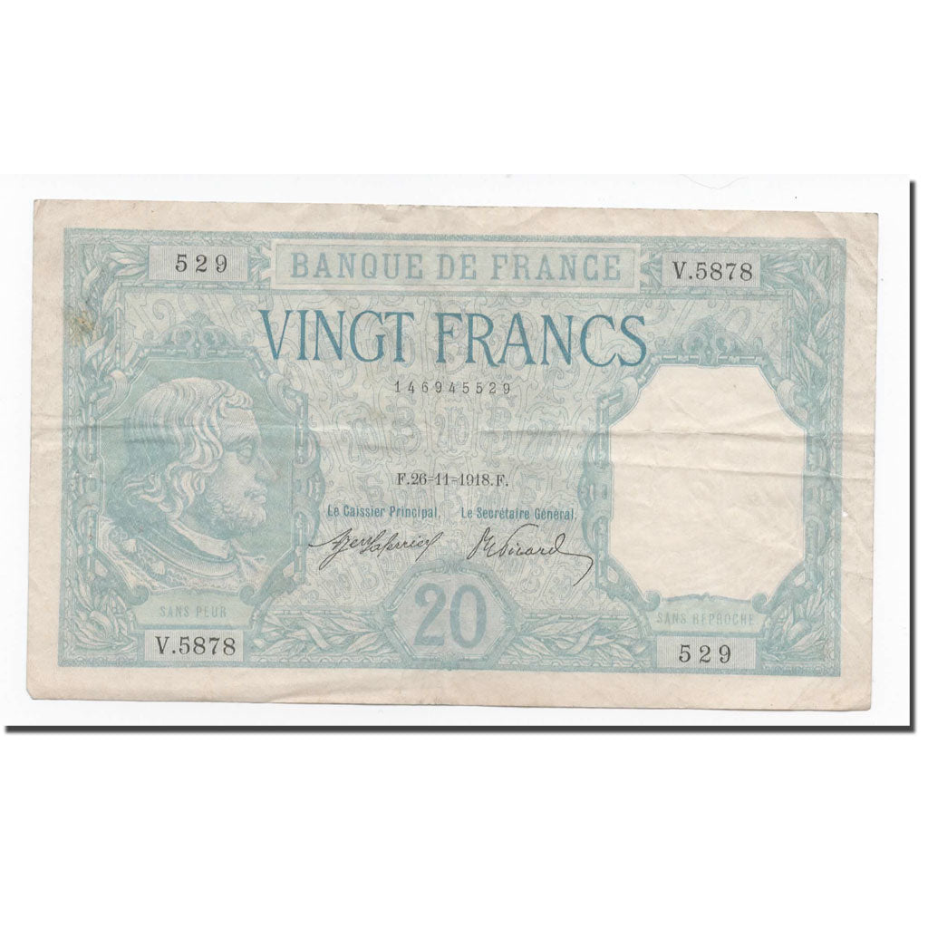 France, 20 Francs, Bayard, 1918, 1918-11-26, EF(40-45), Fayette:11.3, KM:74