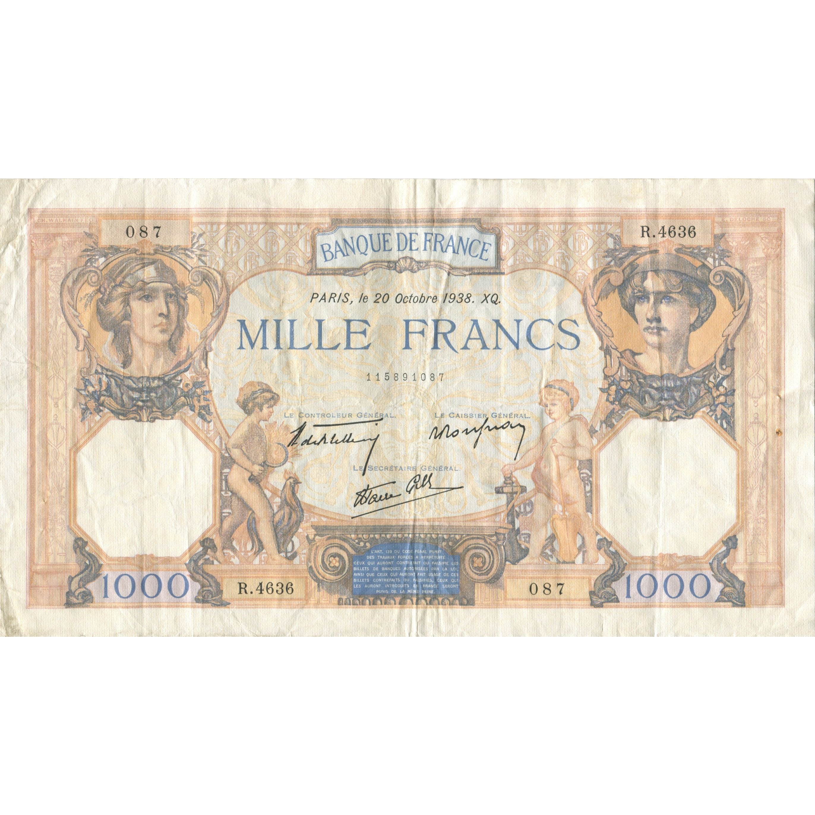 France, 1000 Francs, Cérès et Mercure, 1938, 1938-10-20, VF(20-25)