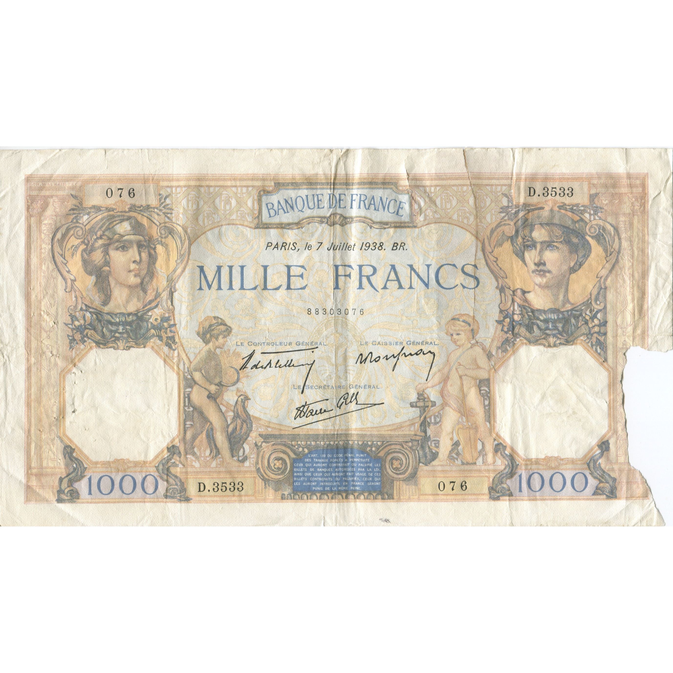 France, 1000 Francs, Cérès et Mercure, 1938, 1938-07-07, AG(1-3)