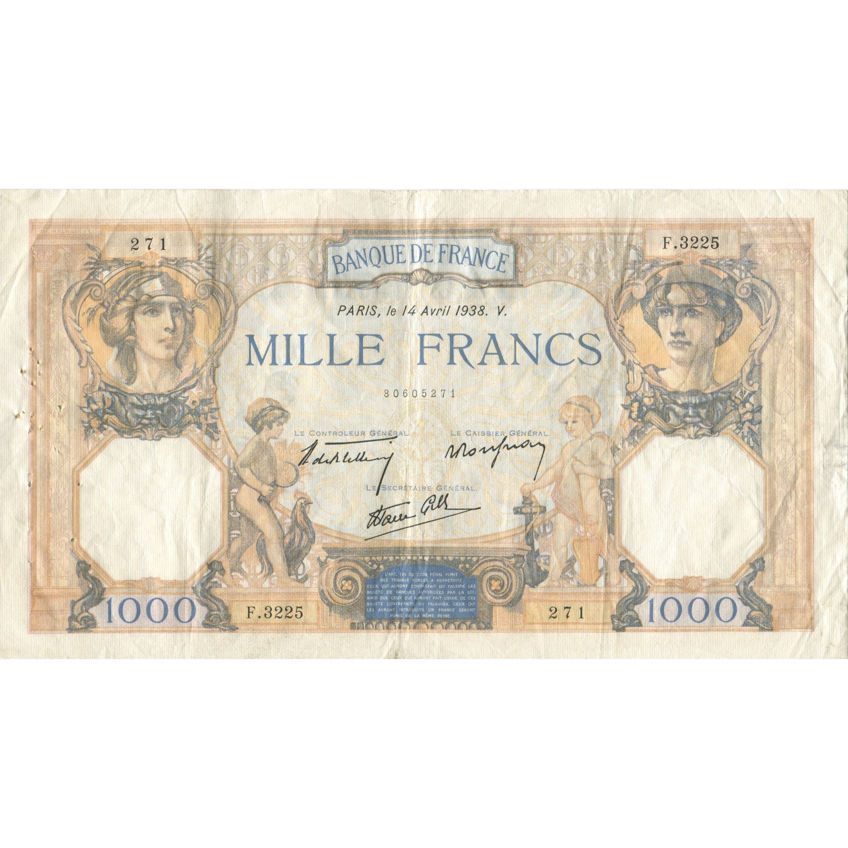France, 1000 Francs, Cérès et Mercure, 1938, 1938-04-14, VF(30-35)