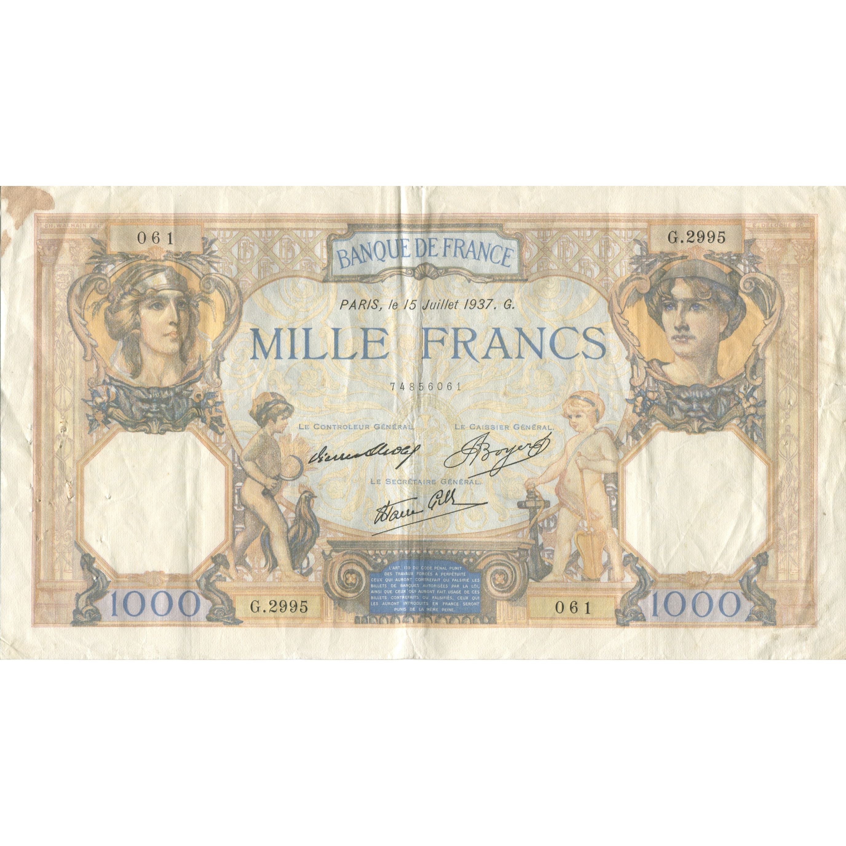 França, 1000 Francs, Cérès et Mercure, 1937, 1937-07-15, VF(30-35)