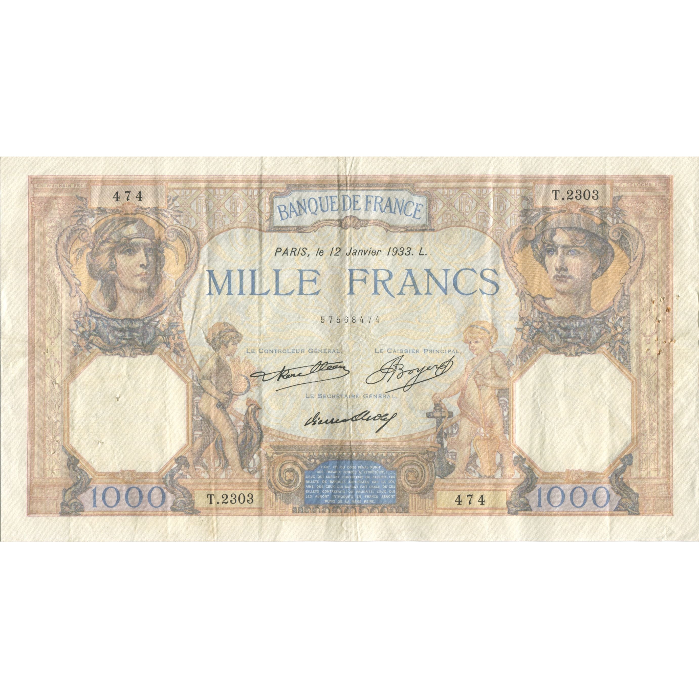 France, 1000 Francs, Cérès et Mercure, 1933, 1933-01-12, TTB, Fayette:37.8
