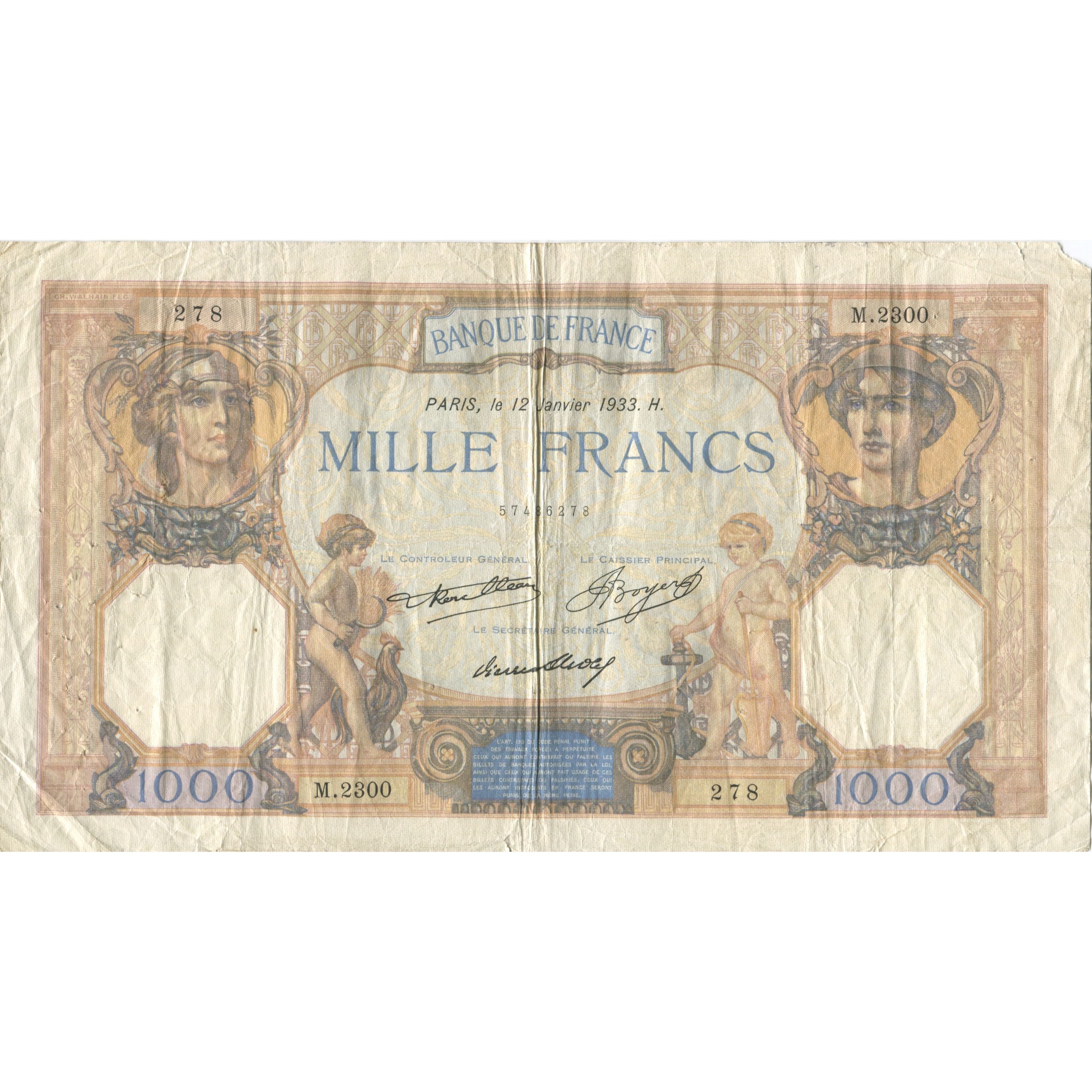 Francia, 1000 Francs, Cérès et Mercure, 1933, 1933-01-12, MB, Fayette:37.8