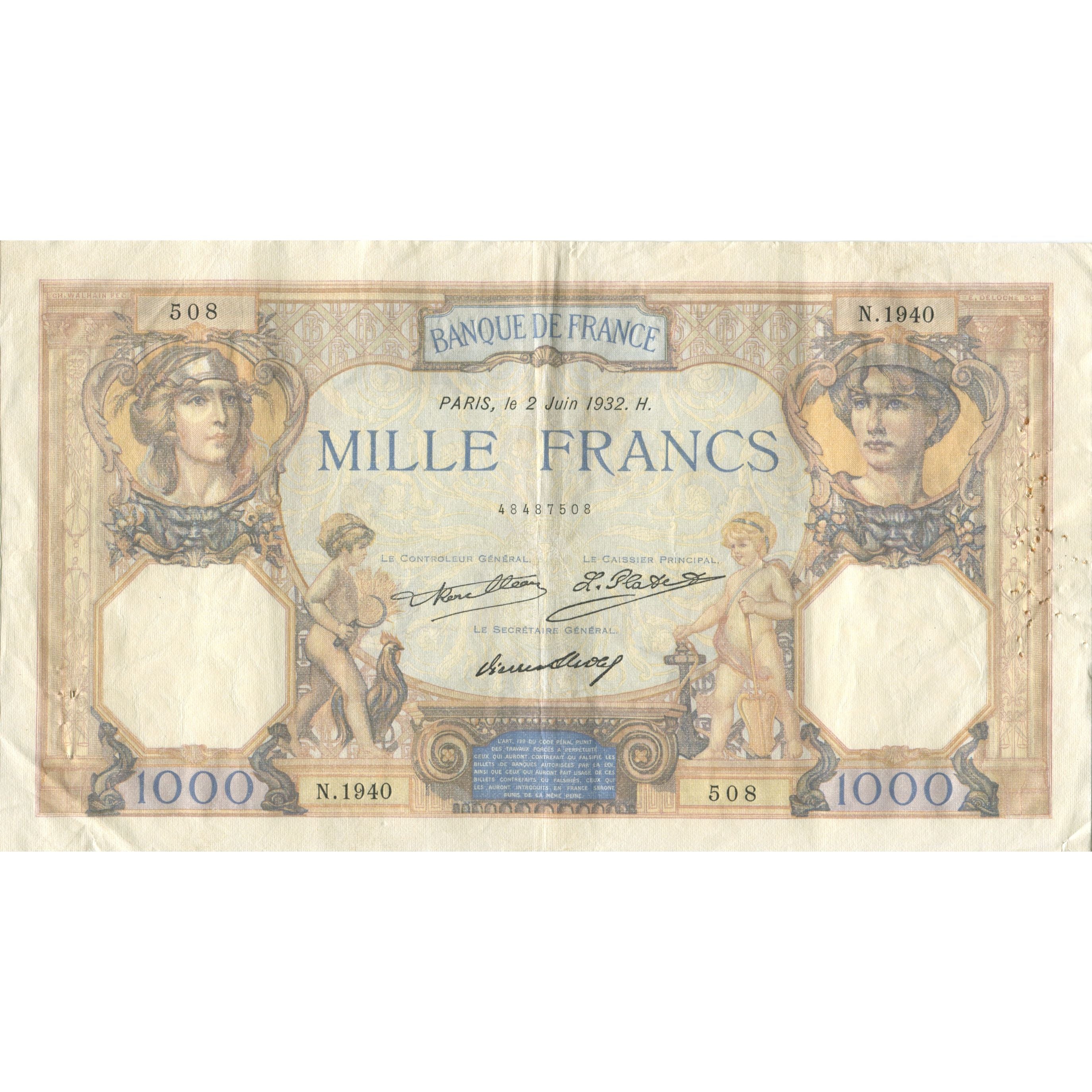 France, 1000 Francs, Cérès et Mercure, 1930, 1930-10-02, VF(30-35)