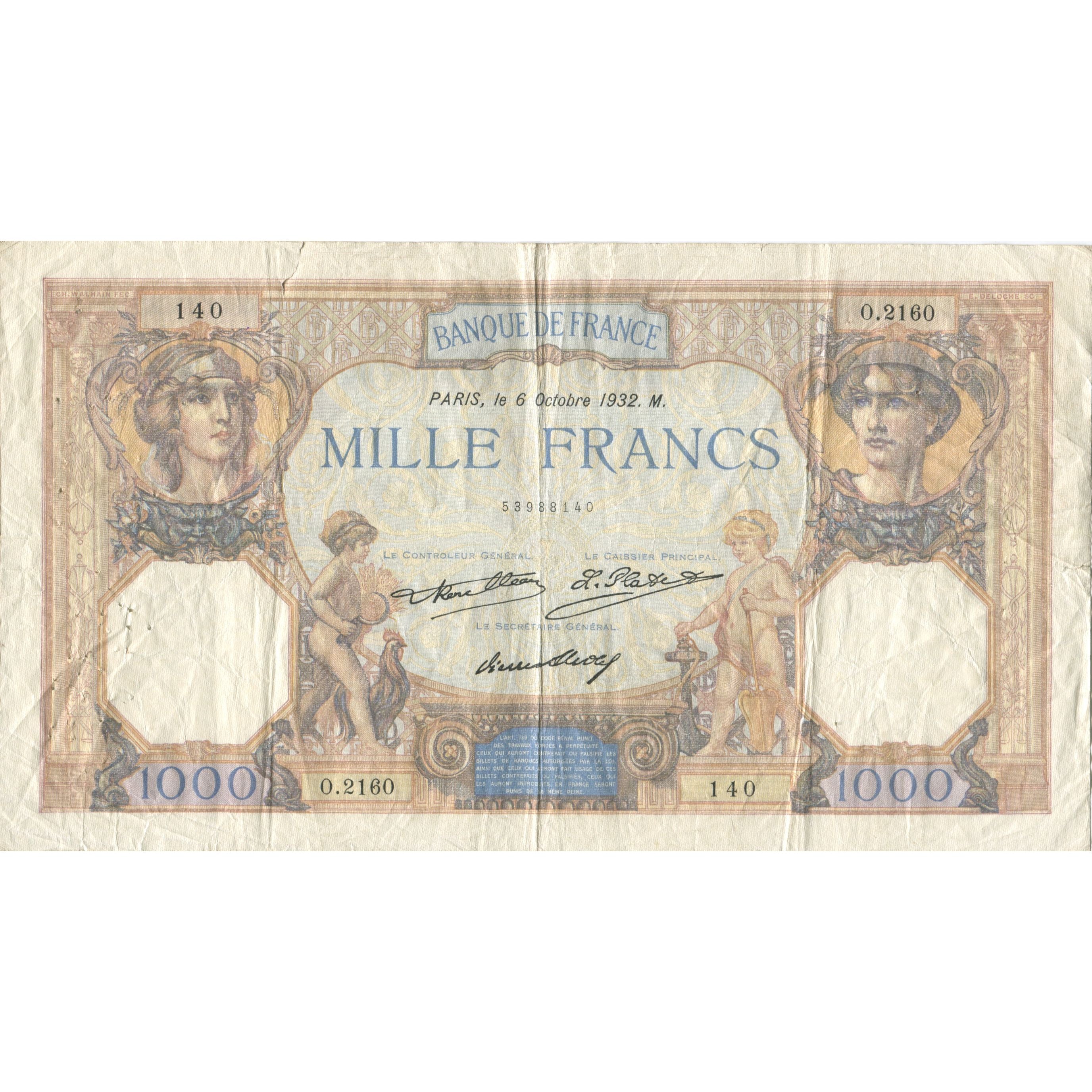 France, 1000 Francs, Cérès et Mercure, 1930, 1930-10-02, TB, Fayette:37.7