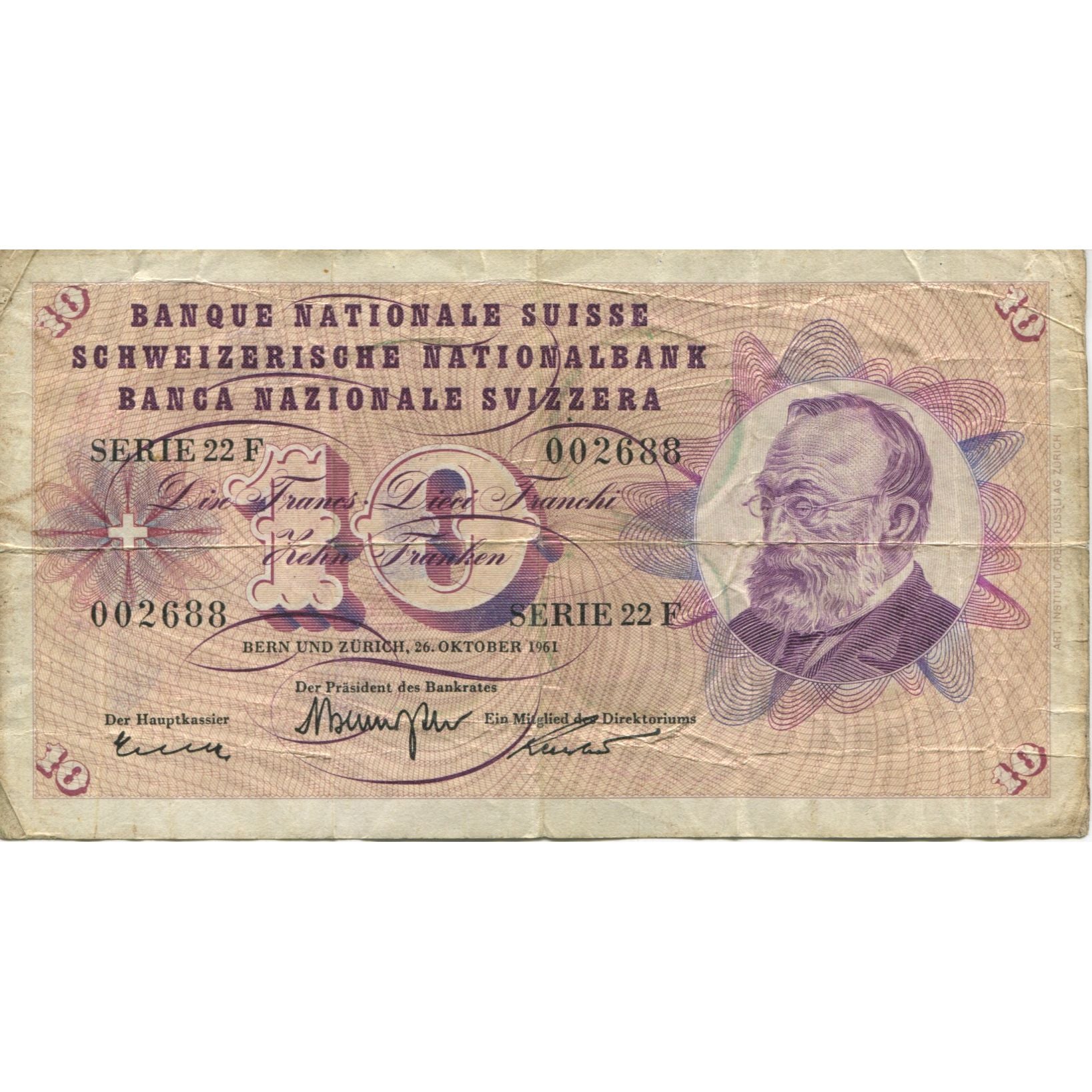Banknote, Switzerland, 10 Franken, 1961, 1961-10-26, KM:45g, VF(20-25)