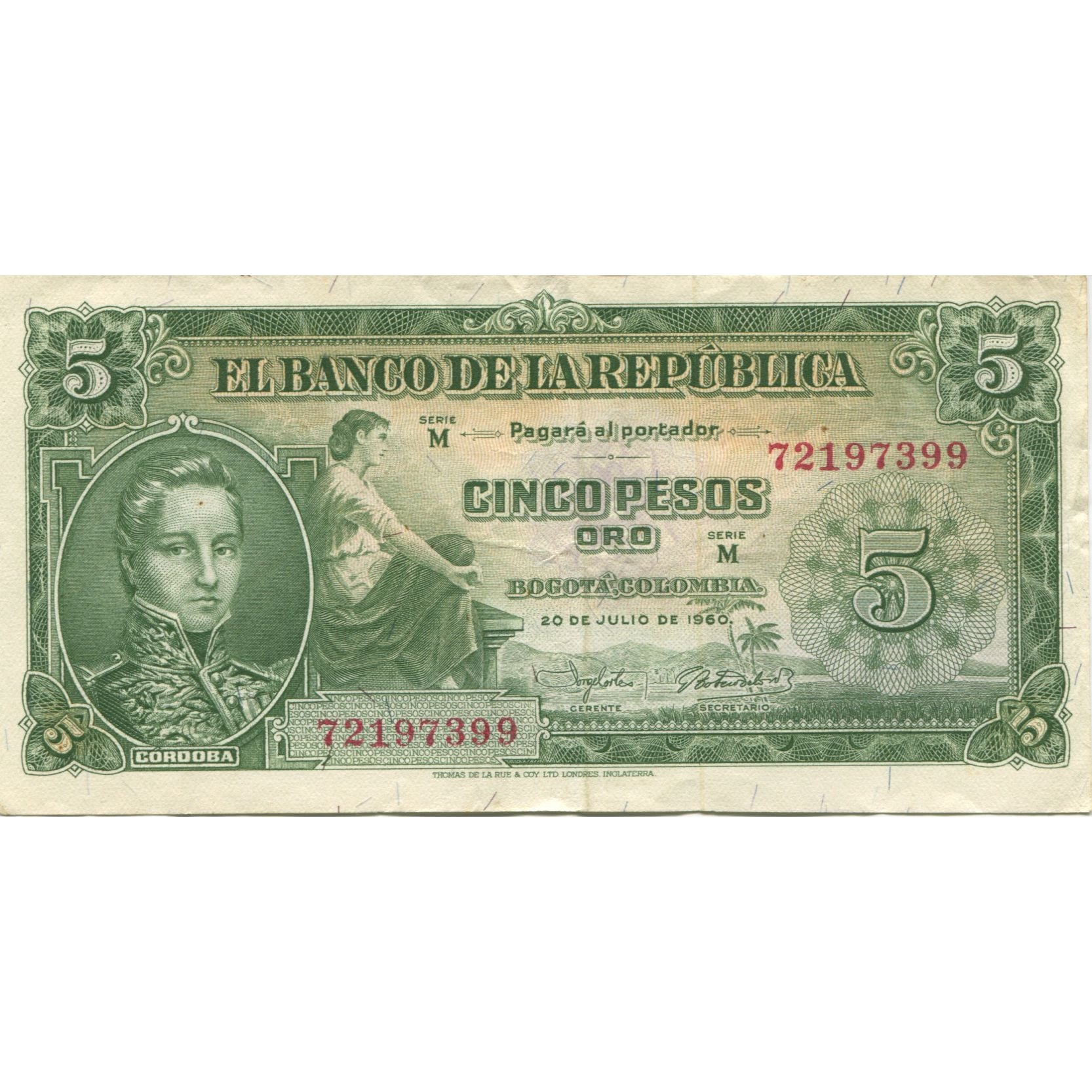 Banknote, Colombia, 5 Pesos Oro, 1960, 1960-07-20, KM:405, AU(50-53)