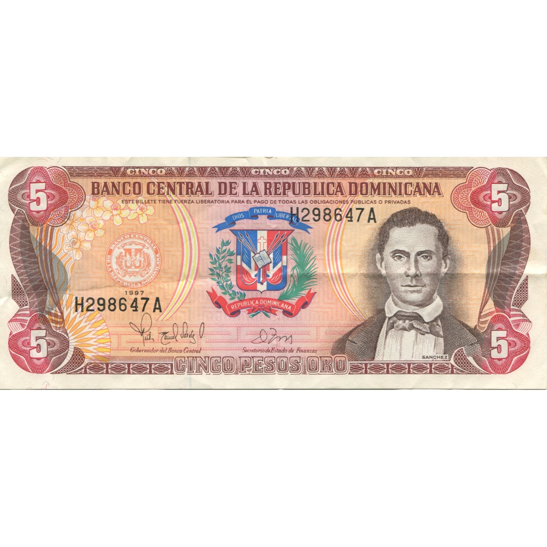 Banknote, Dominican Republic, 5 Pesos Oro, 1997, KM:152b, AU(55-58)