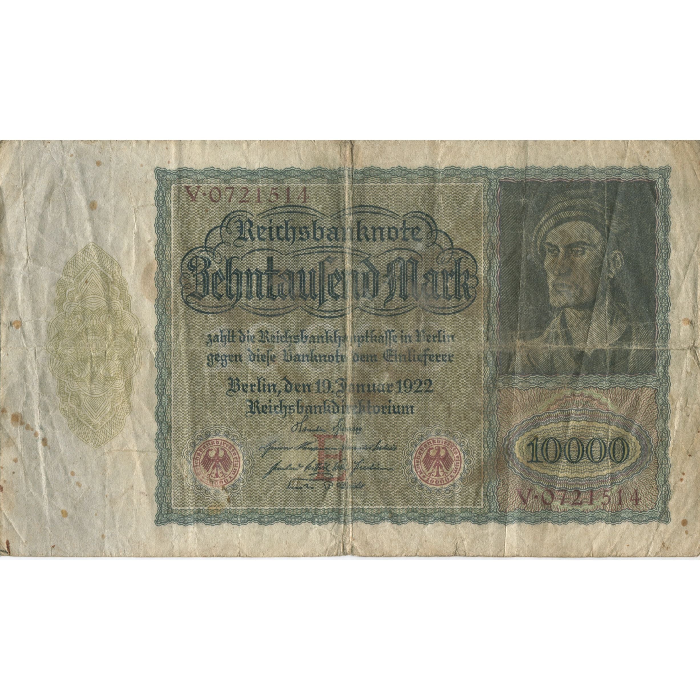 Banconote, Germania, 10,000 Mark, 1922, 1922-01-19, KM:70, MB