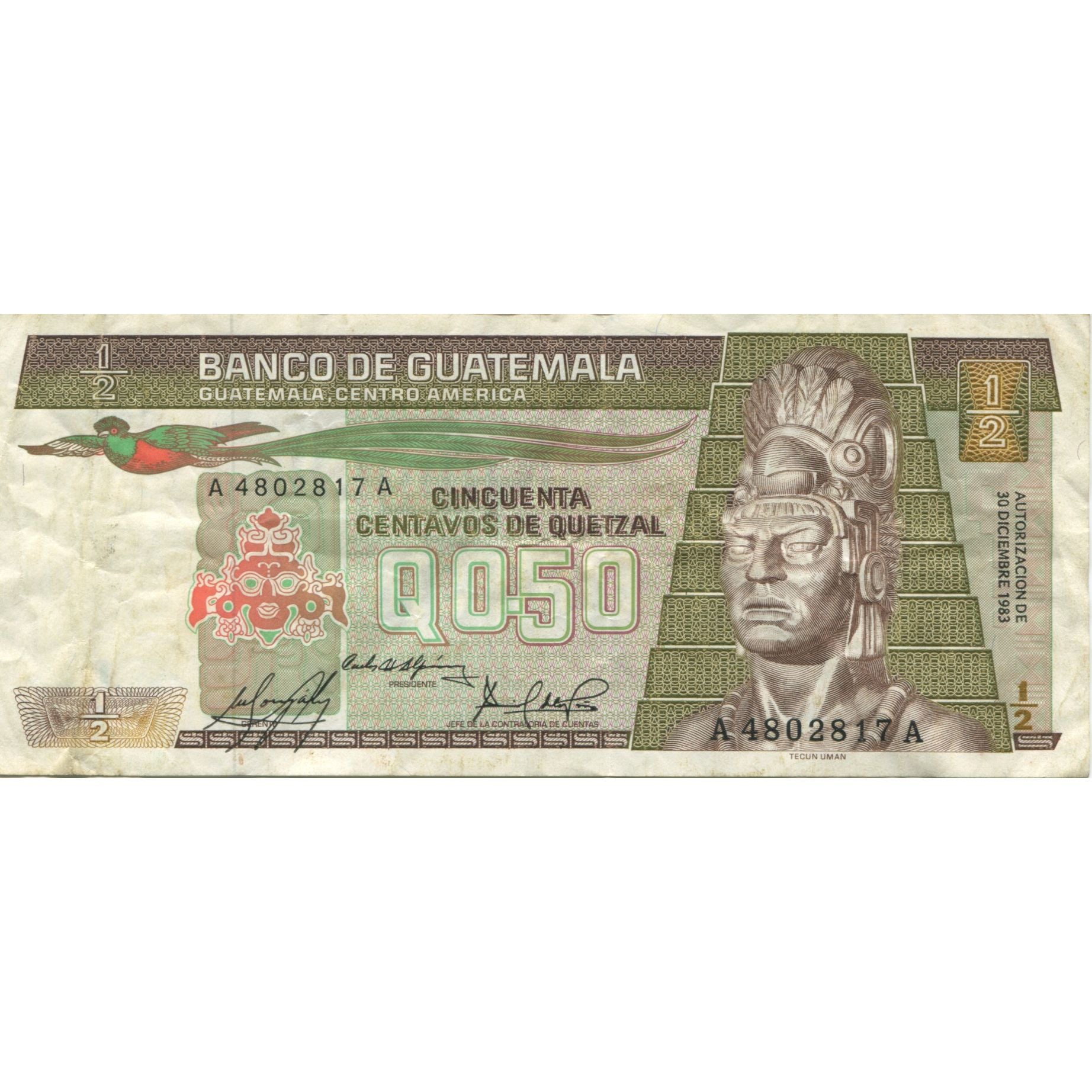 Banknote, Guatemala, 1/2 Quetzal, 1983, 1983-01-06, KM:65, EF(40-45)