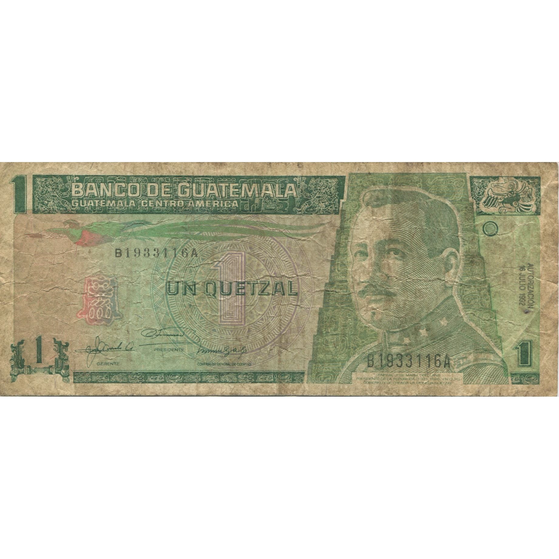 Biljet, Guatemala, 1 Quetzal, 1992, 1992-07-16, KM:80, TB