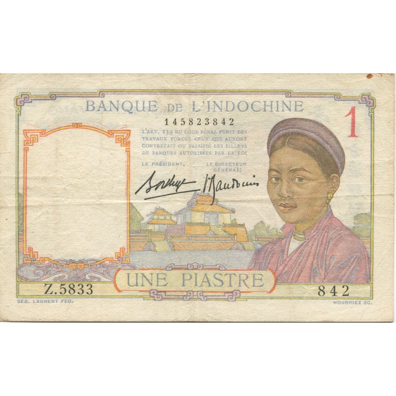Banknote, FRENCH INDO-CHINA, 1 Piastre, KM:54b, EF(40-45)