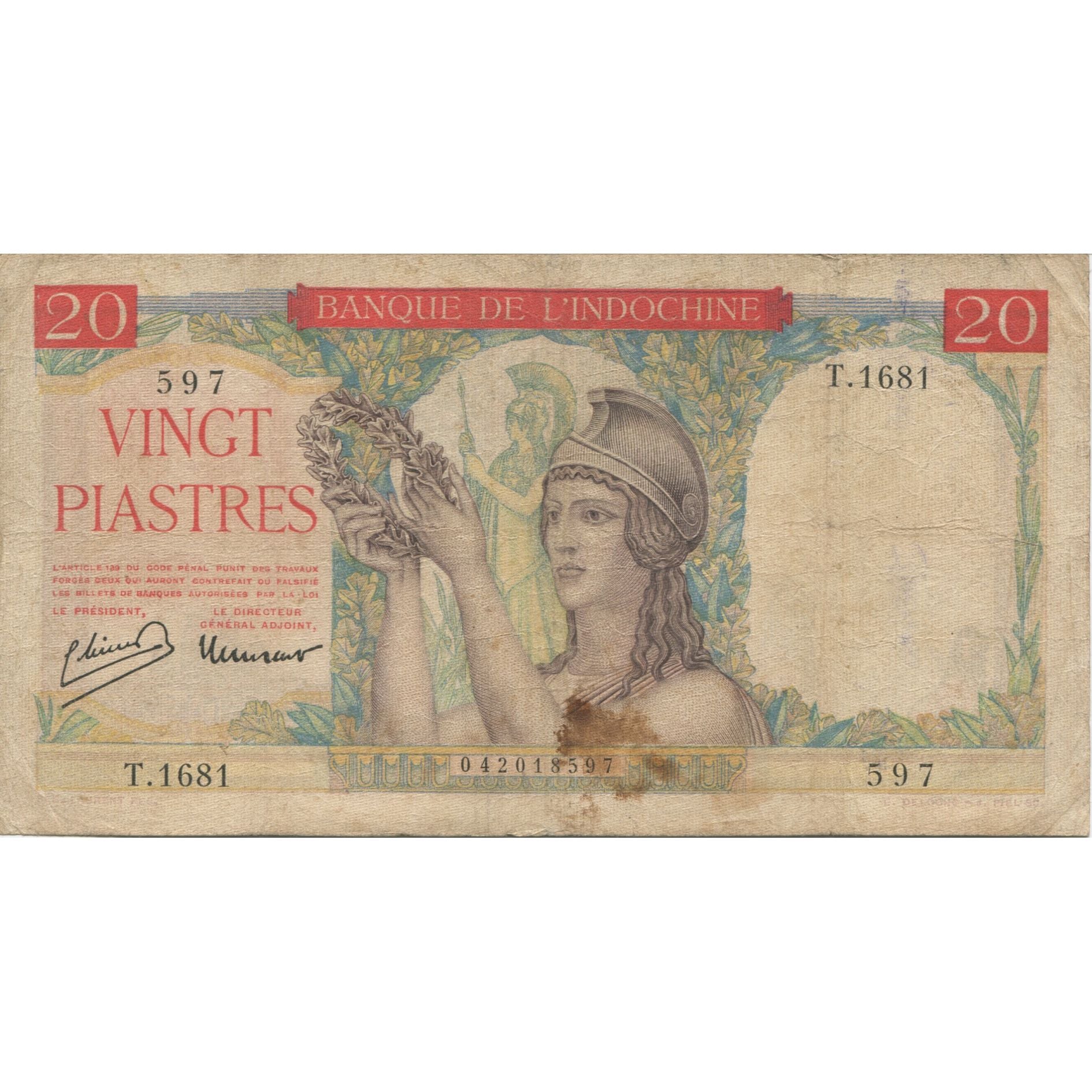 Banknote, FRENCH INDO-CHINA, 20 Piastres, KM:56b, VF(30-35)