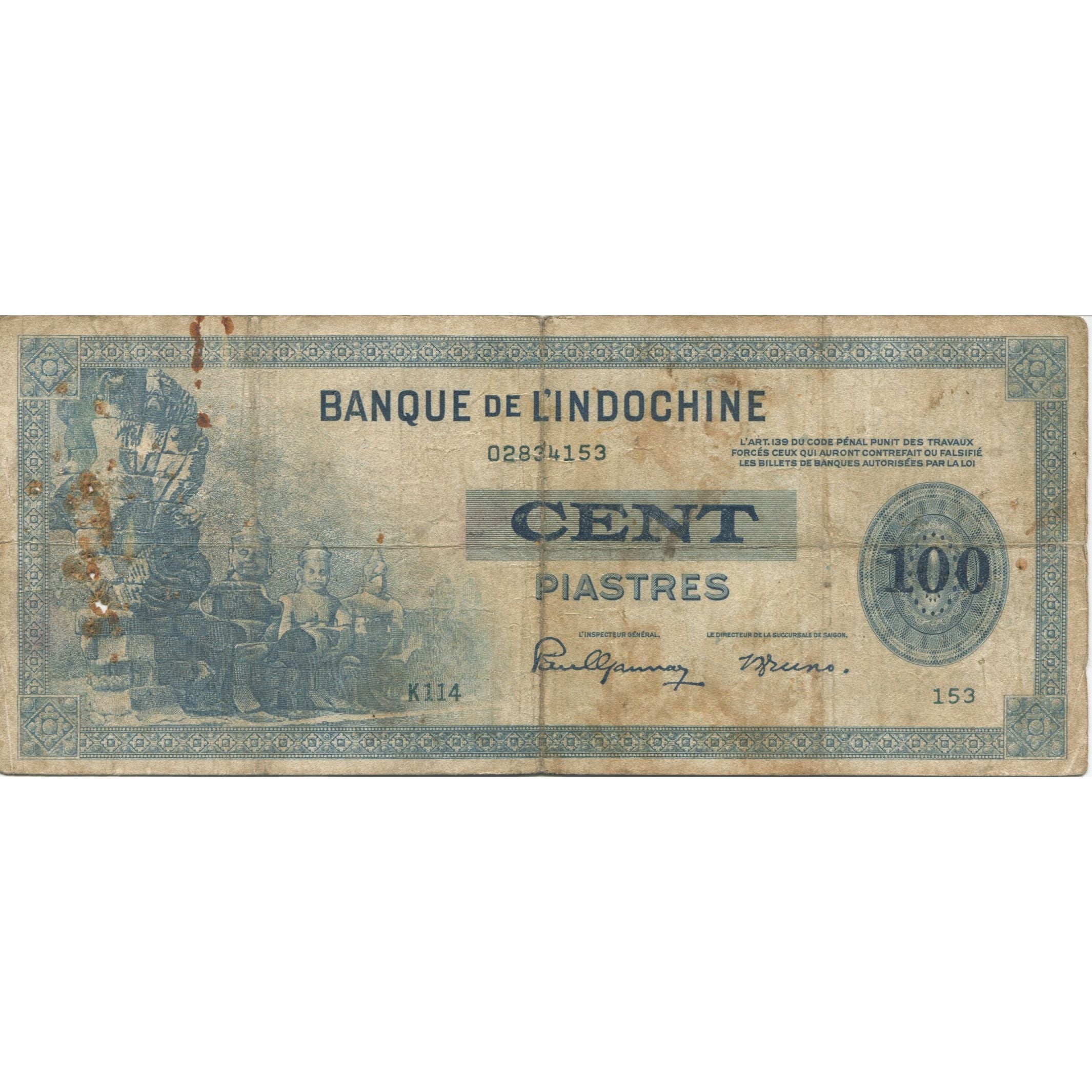 Banknote, FRENCH INDO-CHINA, 100 Piastres, KM:78a, VF(20-25)