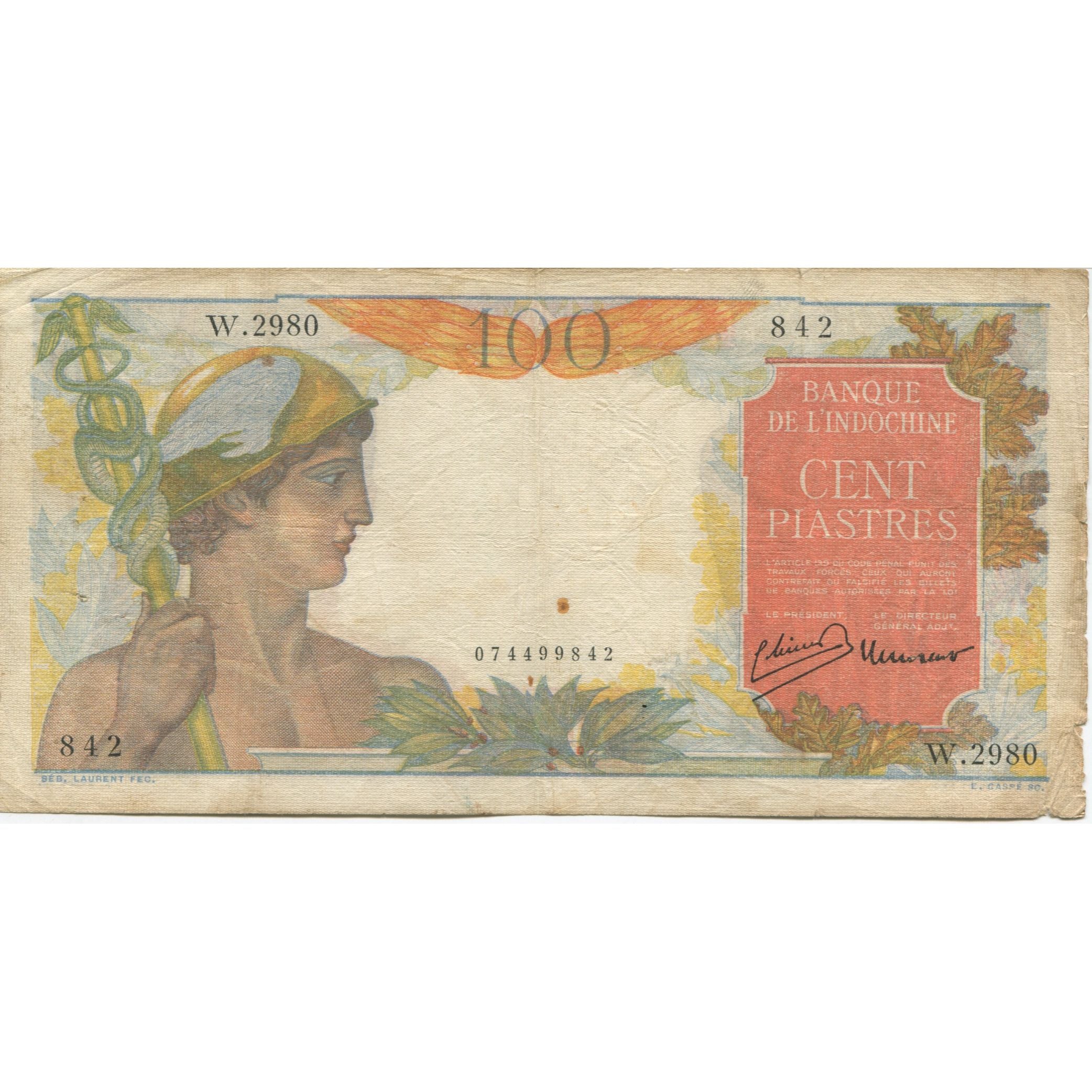 Banknote, FRENCH INDO-CHINA, 100 Piastres, KM:82b, VF(30-35)