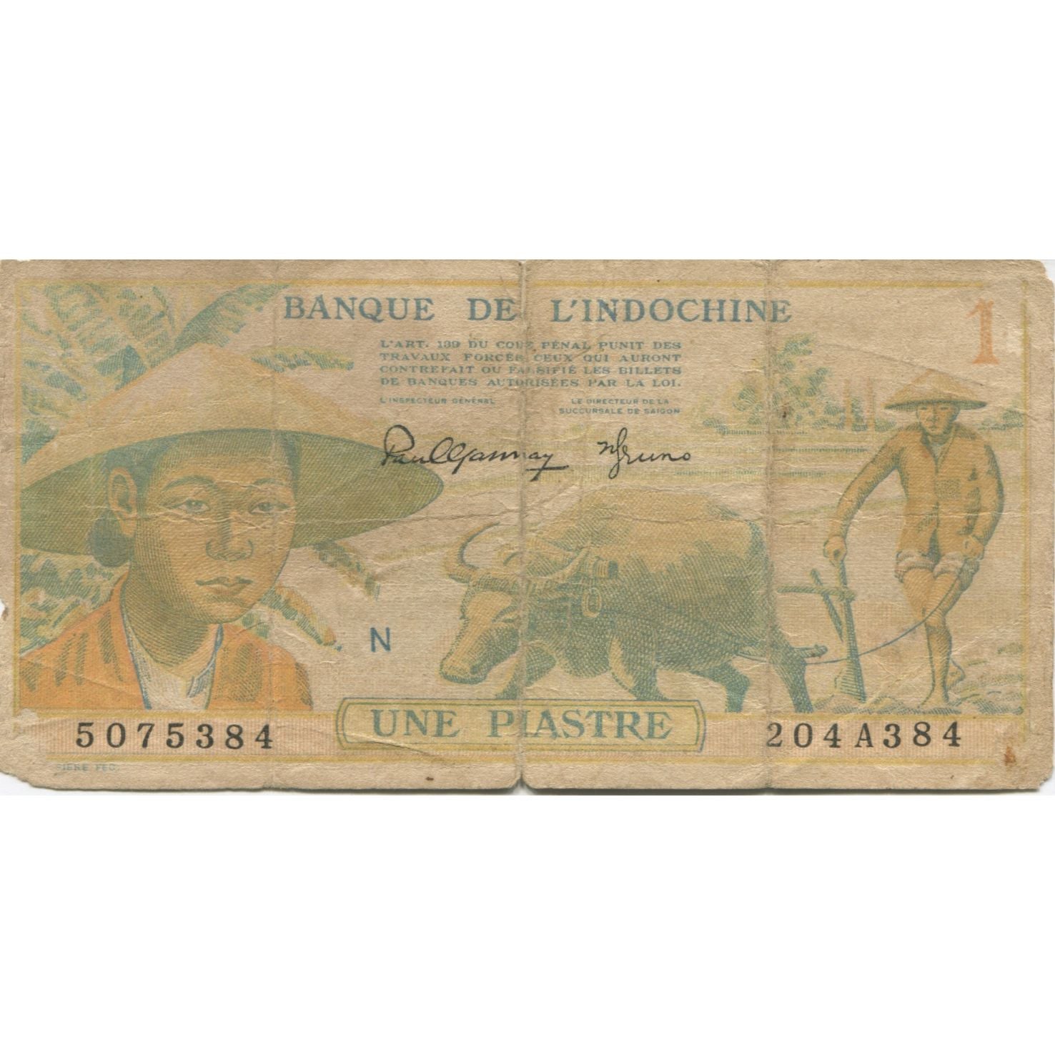 Banknote, FRENCH INDO-CHINA, 1 Piastre, KM:74a, VG(8-10)