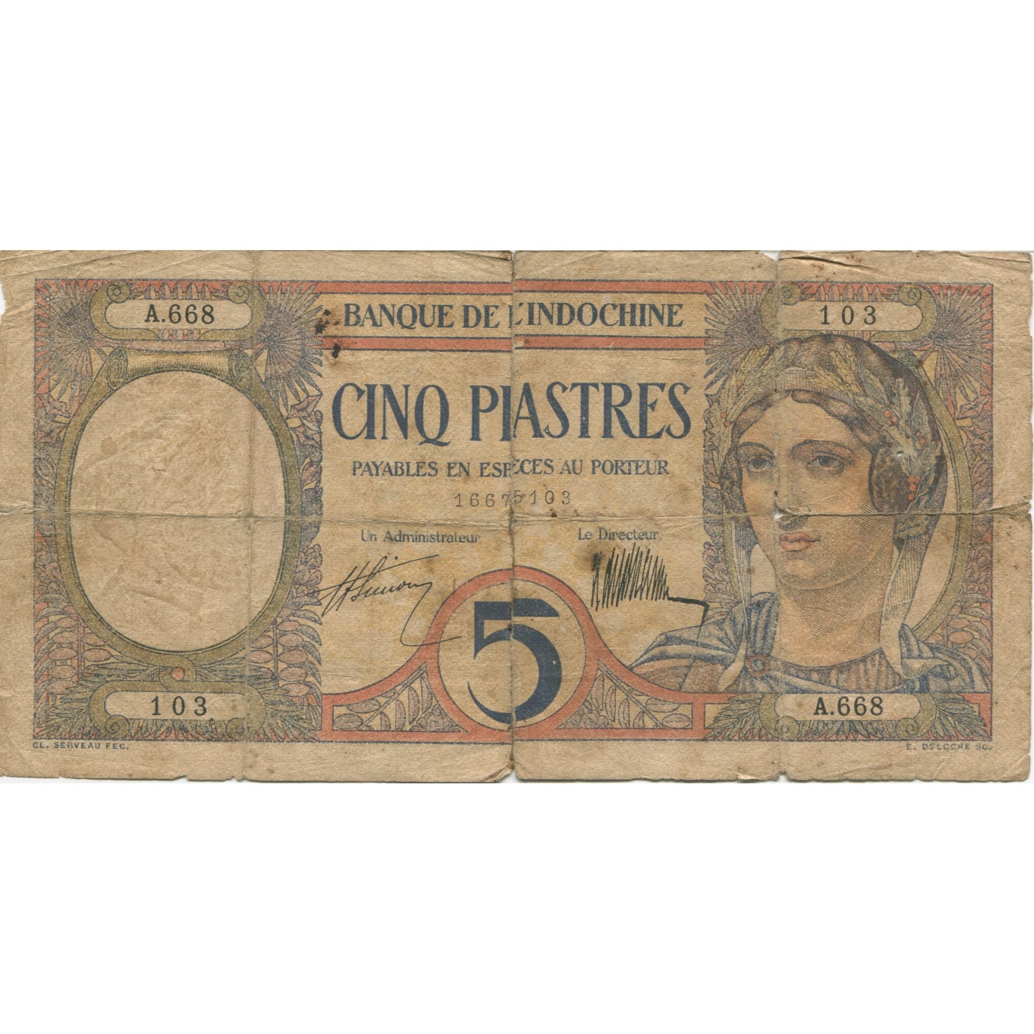 Banknote, FRENCH INDO-CHINA, 5 Piastres, KM:49b, VG(8-10)