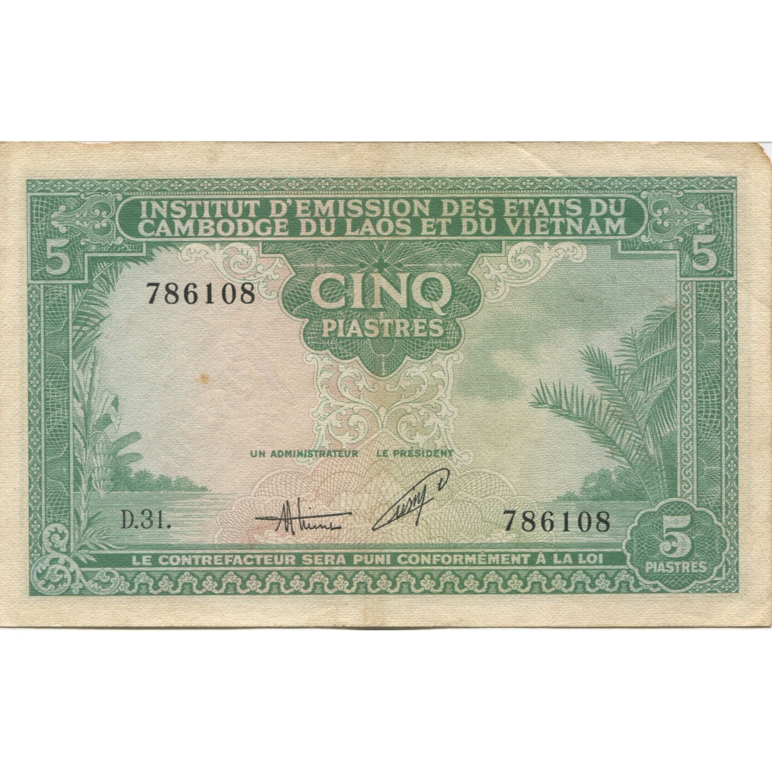 Banknote, FRENCH INDO-CHINA, 5 Piastres = 5 Dong, KM:106, EF(40-45)