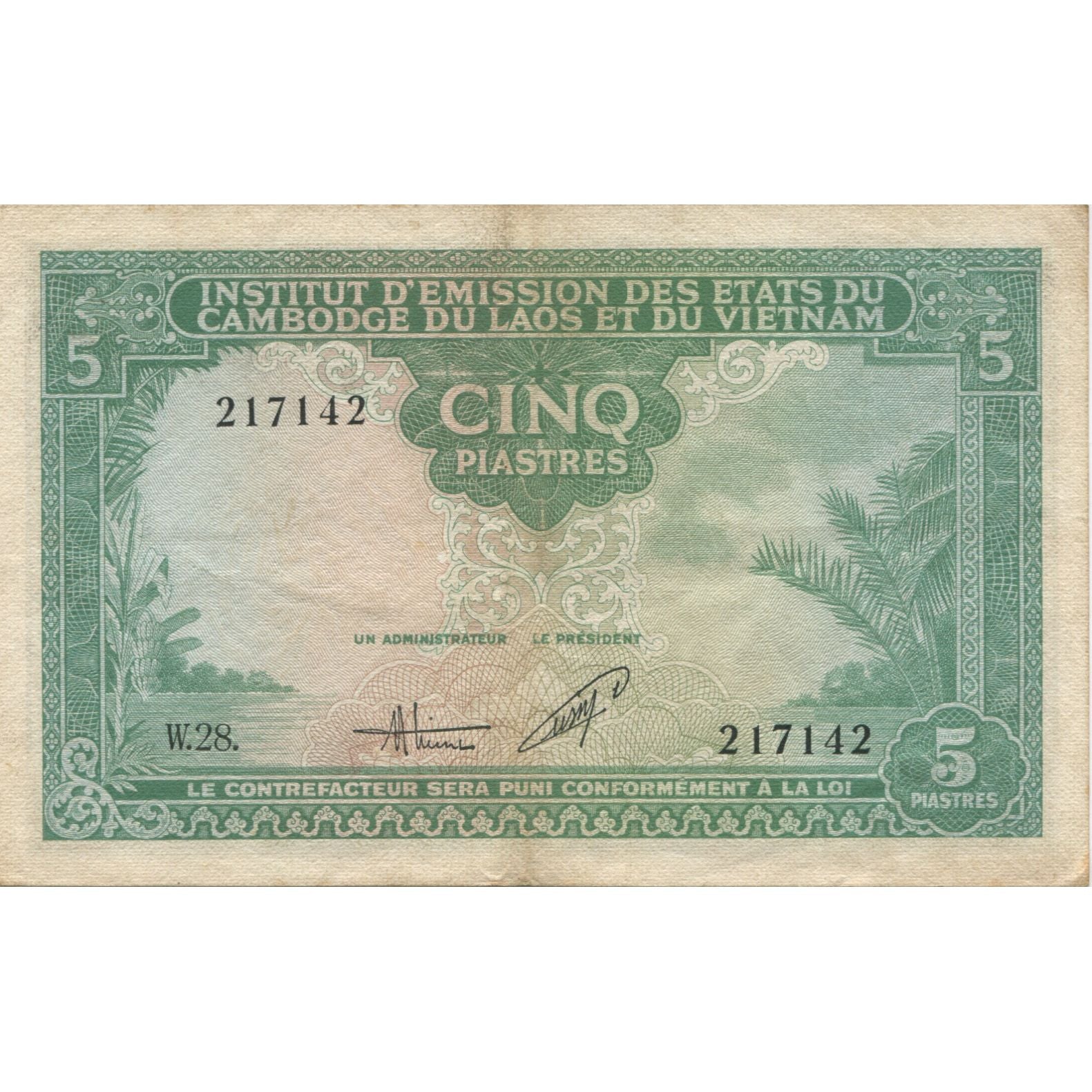 Banconote, INDOCINA FRANCESE, 5 Piastres = 5 Dong, KM:106, BB