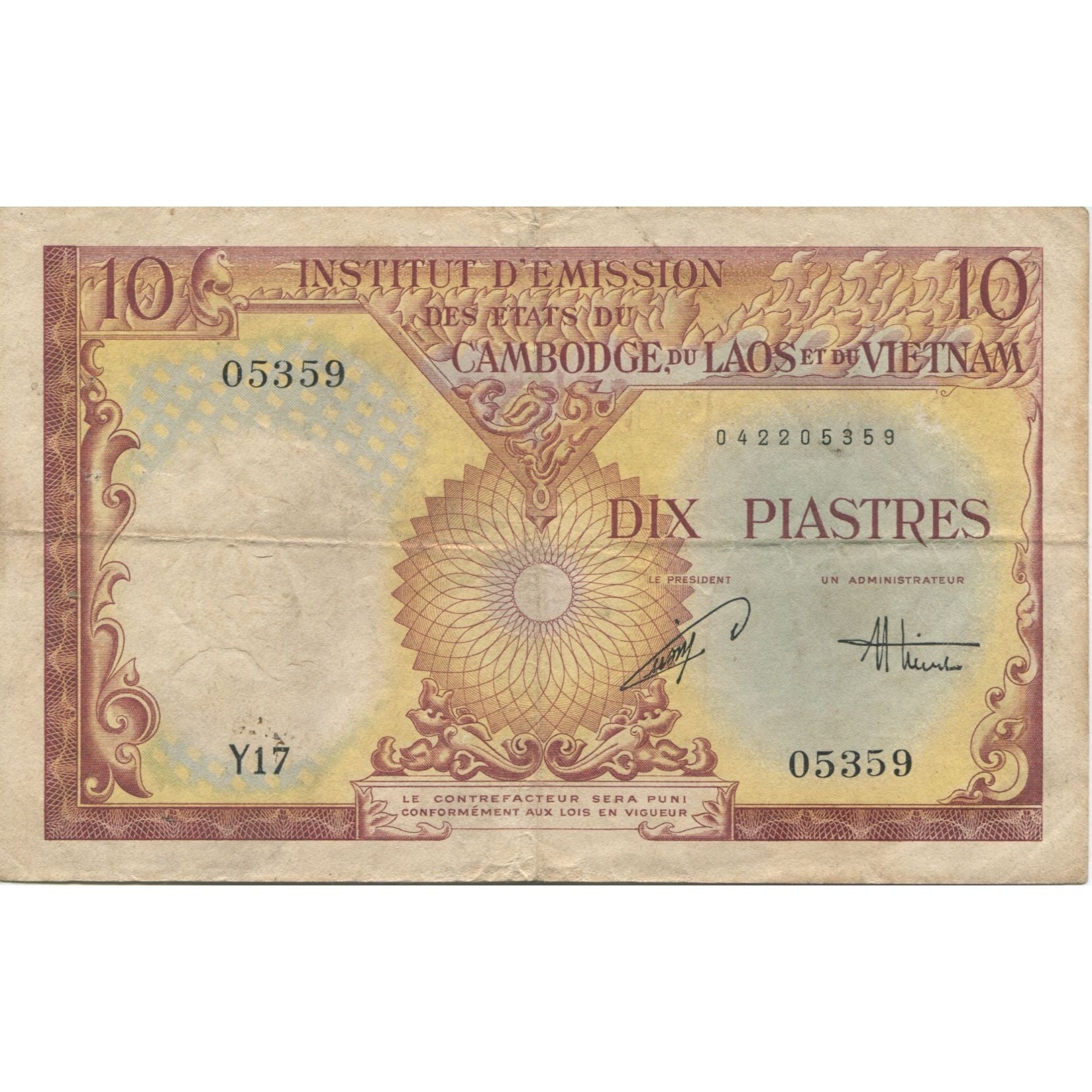 Banknote, FRENCH INDO-CHINA, 10 Piastres = 10 Dong, KM:107, EF(40-45)