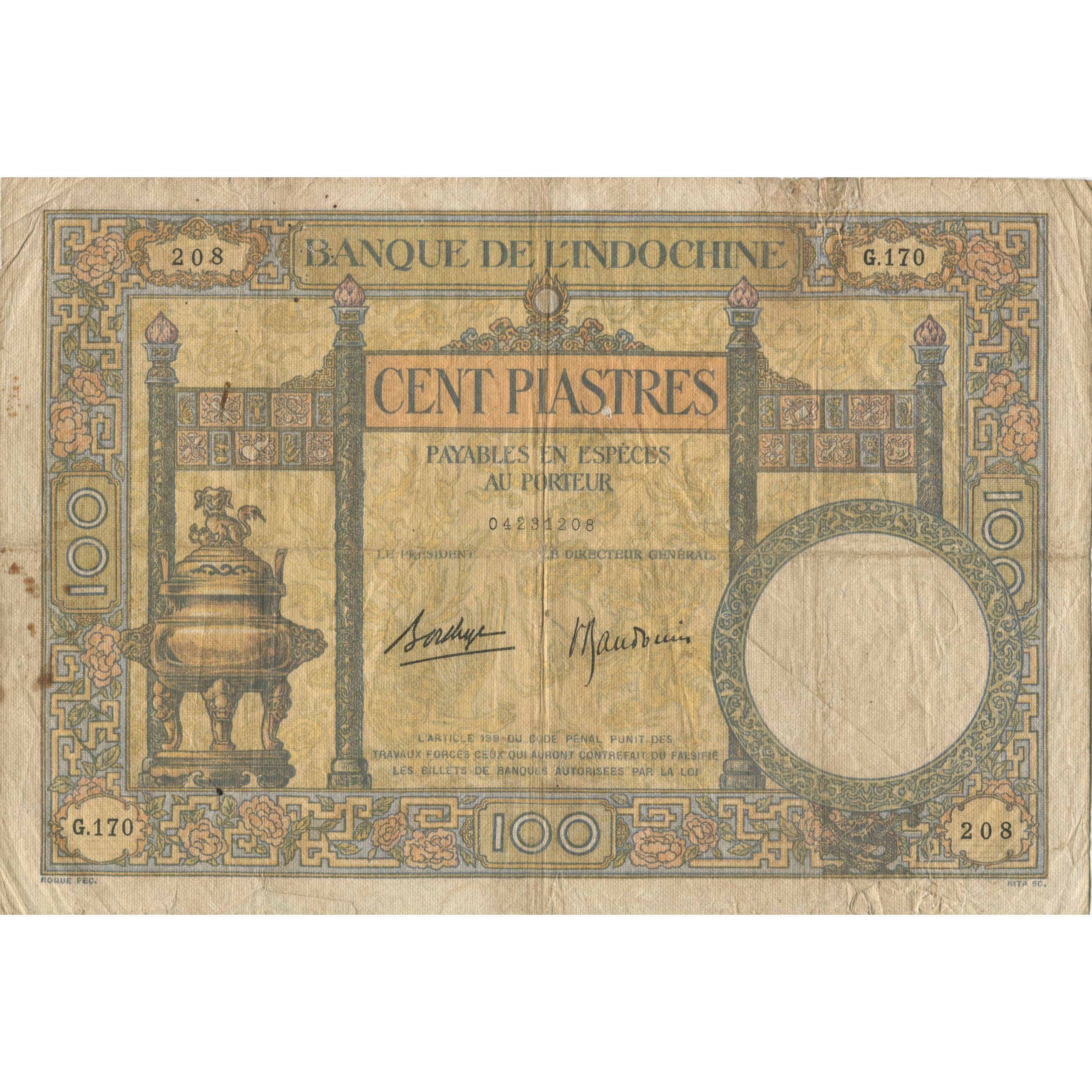 Banknote, FRENCH INDO-CHINA, 100 Piastres, KM:51c, VF(20-25)