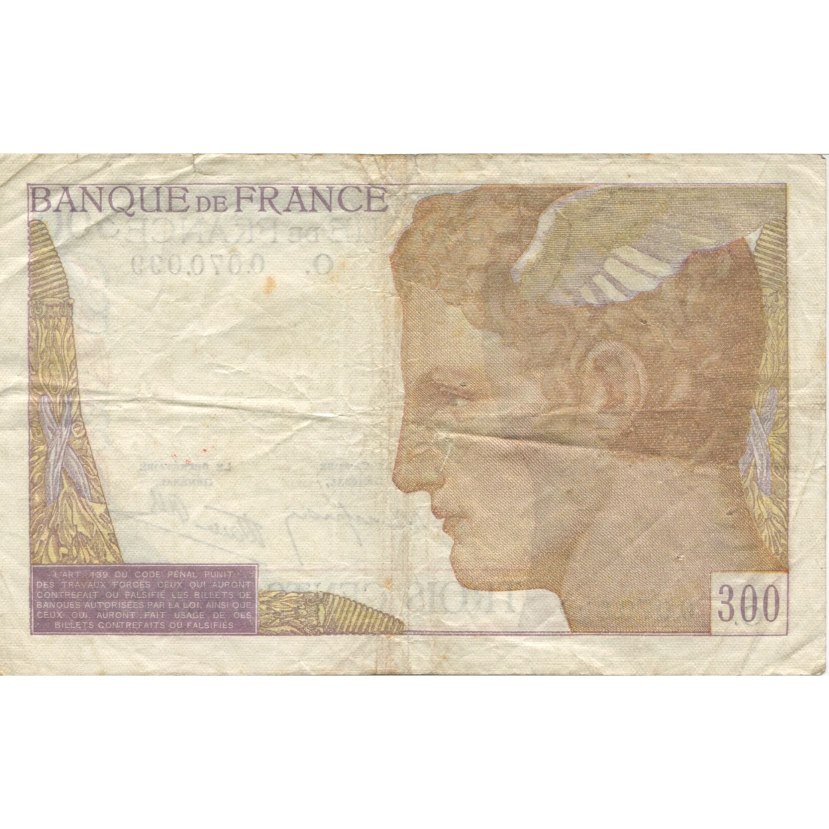 Francia, 300 Francs, Serveau, MB+, Fayette:29.3, KM:87a