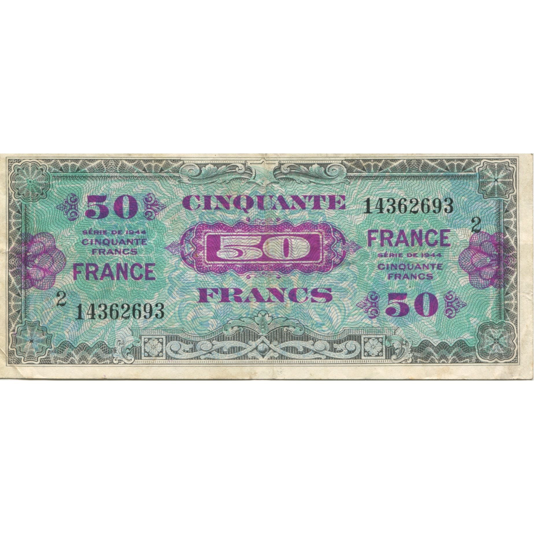 France, 50 Francs, Flag/France, 1944, 1944, EF(40-45), Fayette:24.2, KM:122b